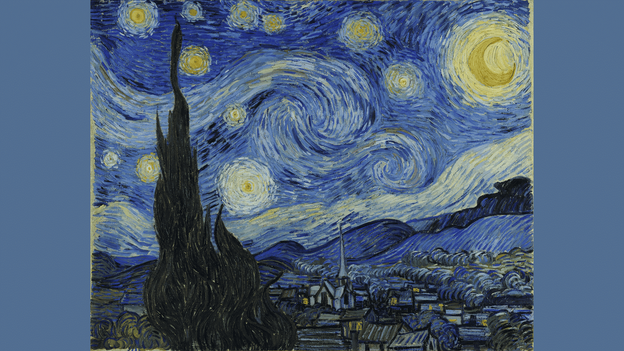 van Gogh’s Starry Night shows a bright moon, swirling sky, and quiet village guiding the viewer’s eye