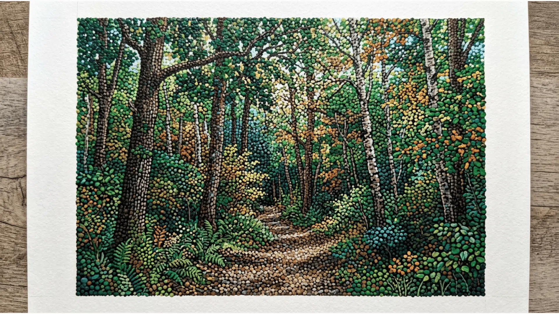 stippling acrylic painting using small paint dots to create foliage and shading