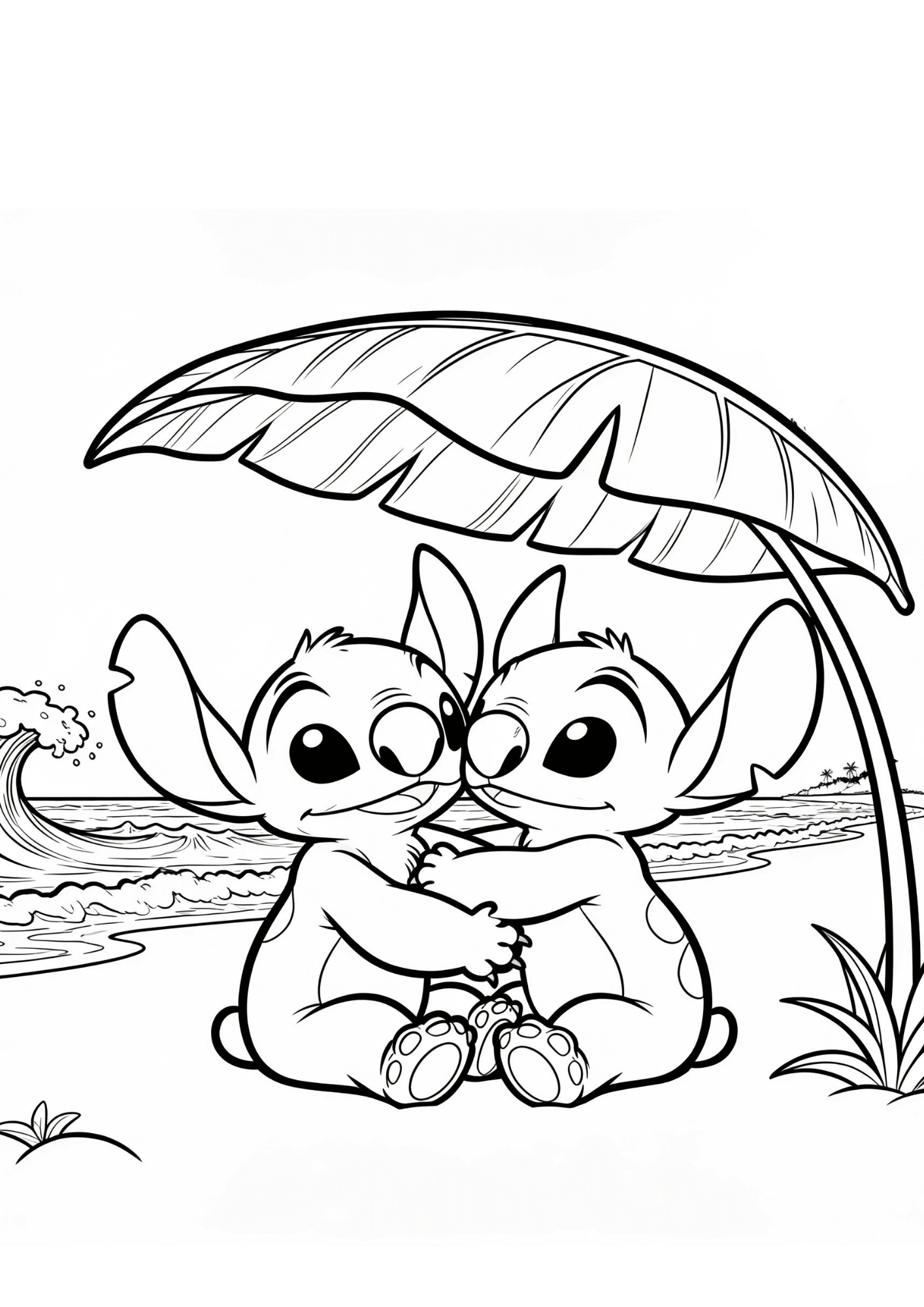 two cute stitch characters hugging under leaf on beach black white coloring page printable ocean scene outline kids art