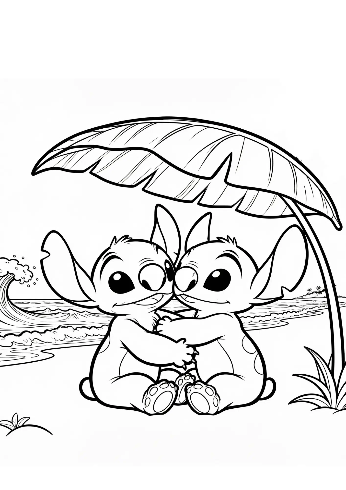 two cute stitch characters hugging under leaf on beach black white coloring page printable ocean scene outline kids art
