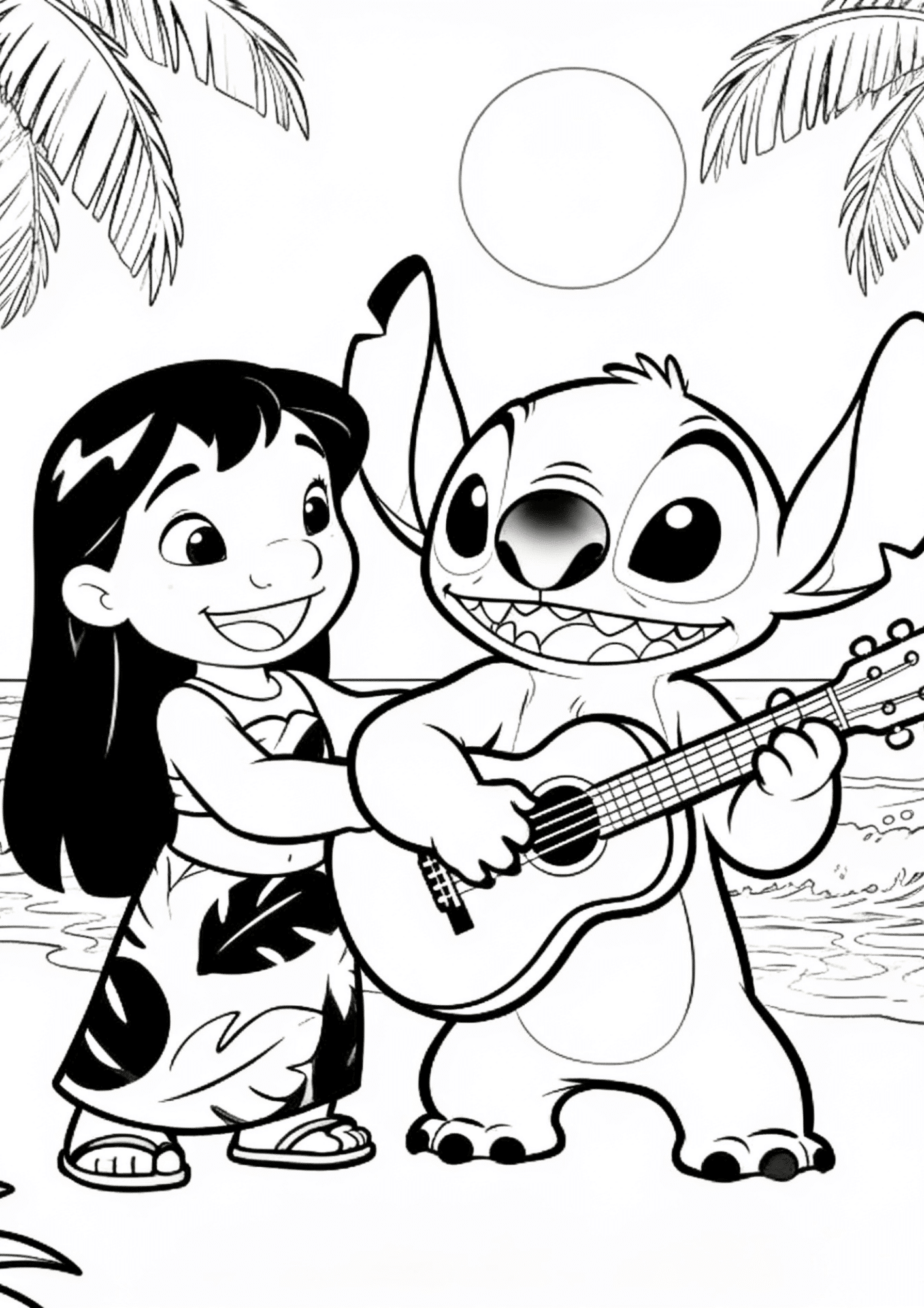 lilo and stitch coloring page printable black and white outline of lilo and stitch playing ukulele at beach tropical scene