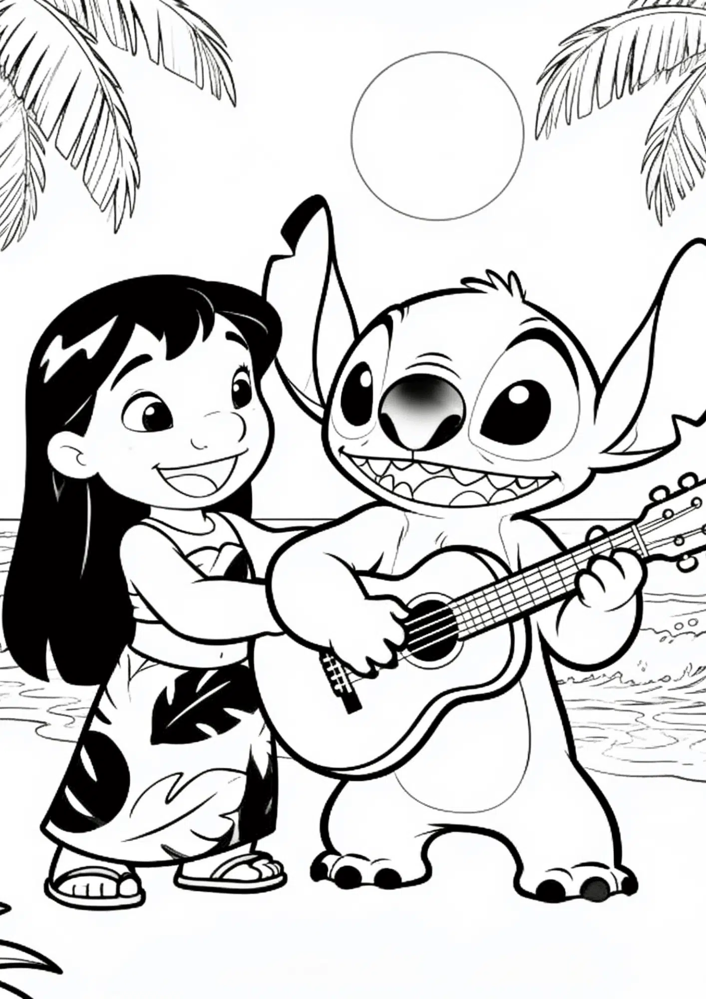 lilo and stitch coloring page printable black and white outline of lilo and stitch playing ukulele at beach tropical scene