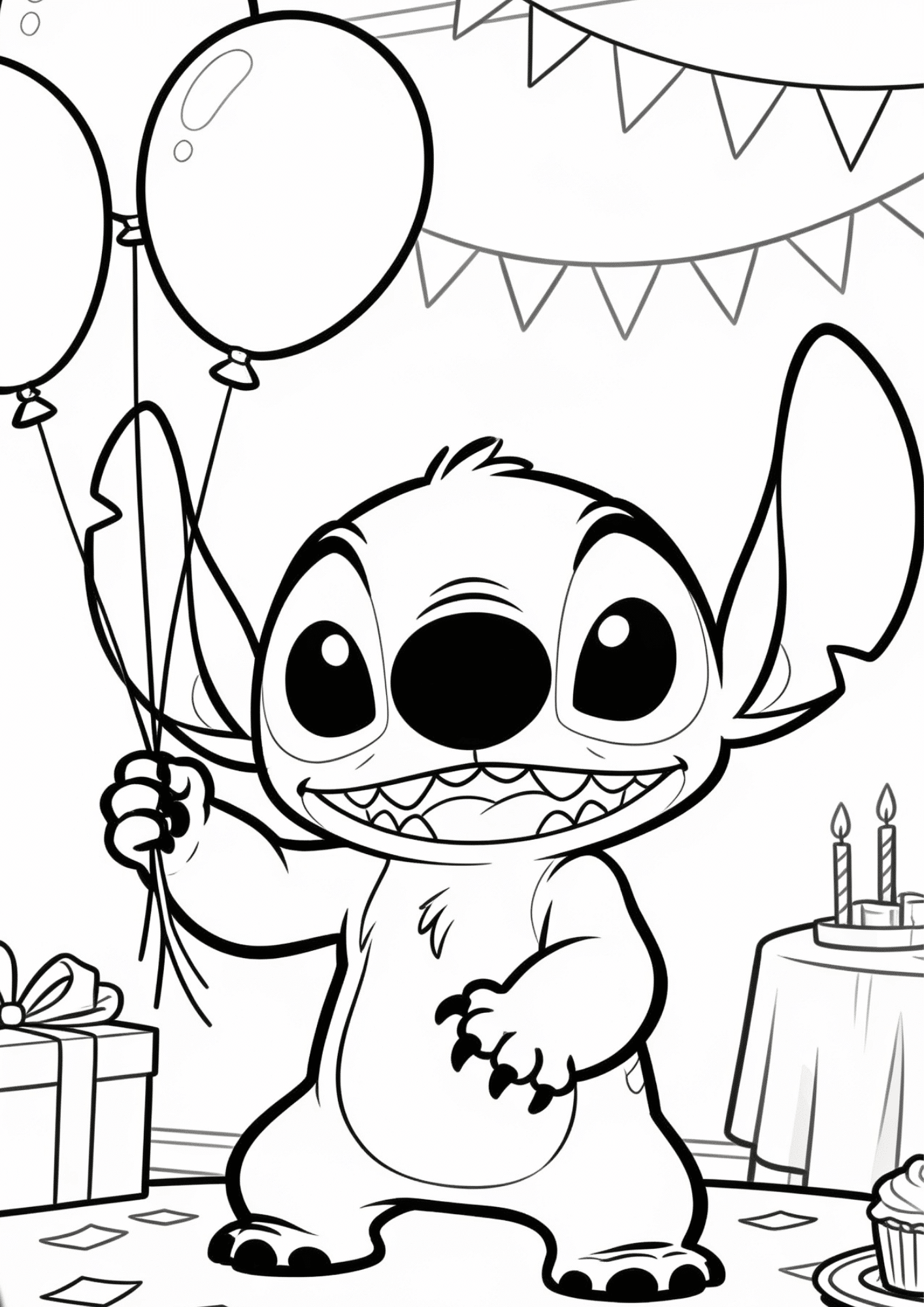 birthday stitch coloring page black white printable party balloons outline kids fun sheet design art
