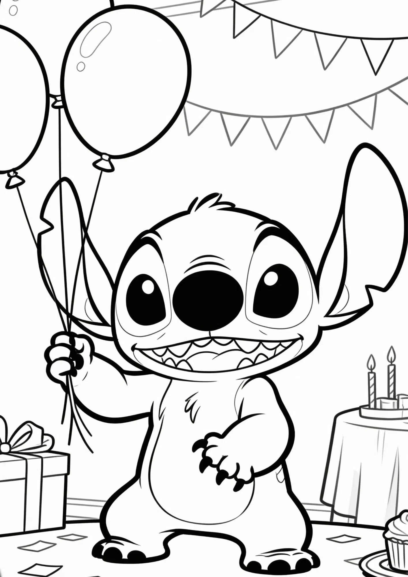 birthday stitch coloring page black white printable party balloons outline kids fun sheet design art