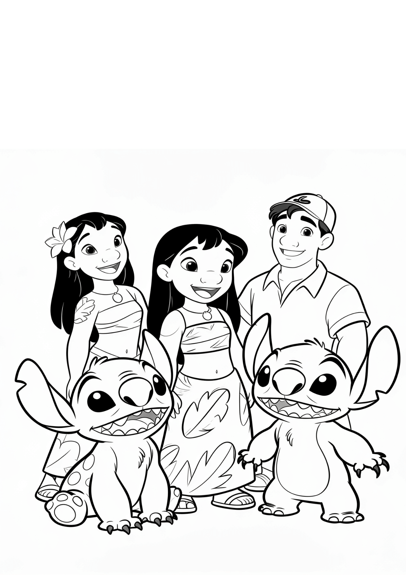 lilo stitch group coloring page black white printable character scene outline kids sheet design art