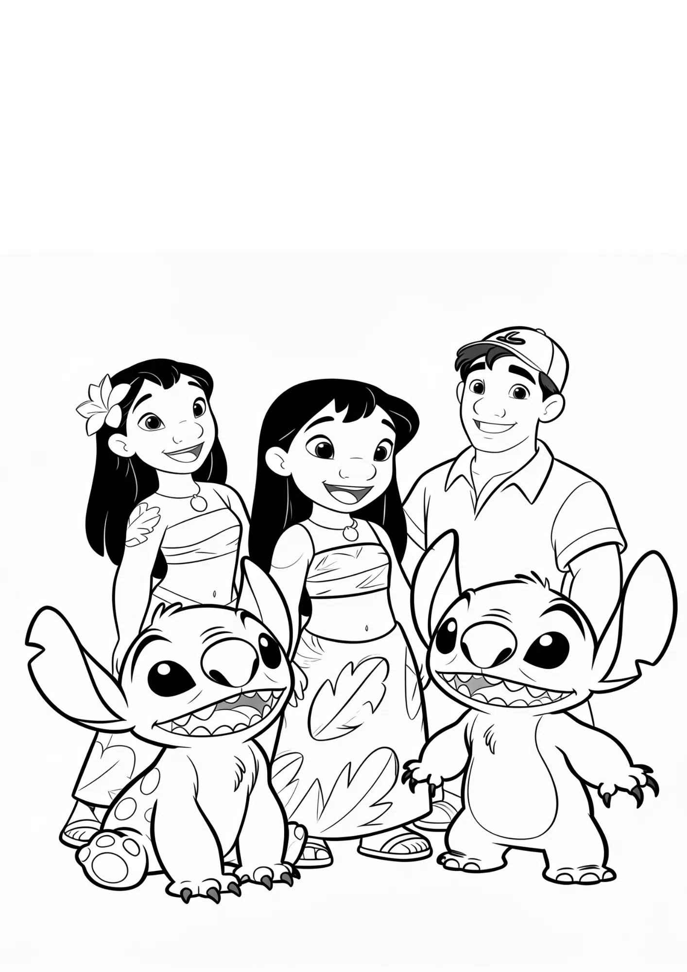 lilo stitch group coloring page black white printable character scene outline kids sheet design art