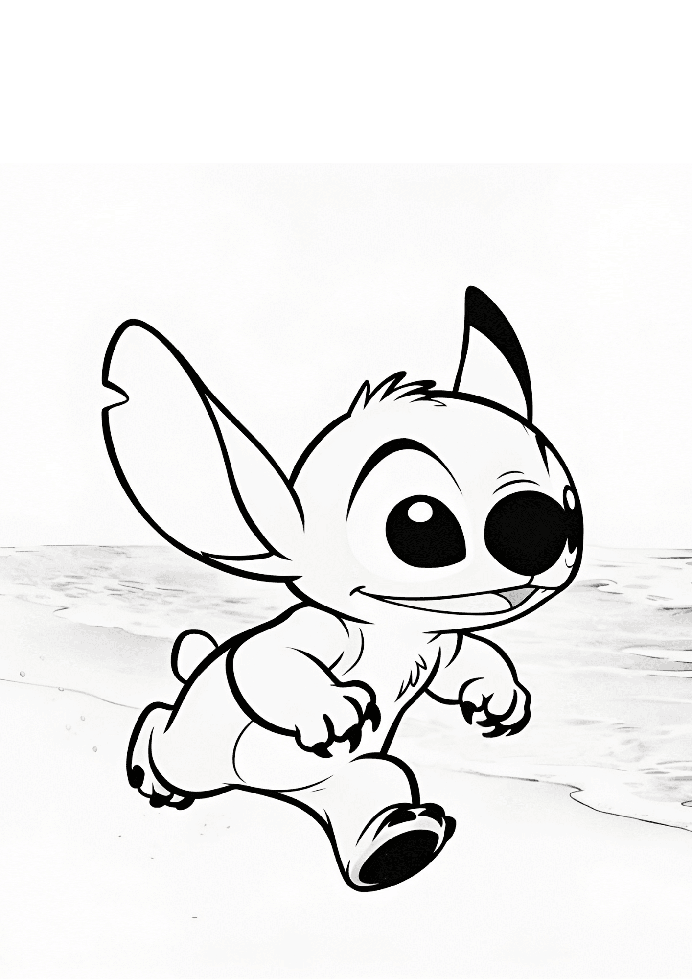 stitch running beach coloring page black white printable ocean scene outline kids activity sheet design Slug: stitch running