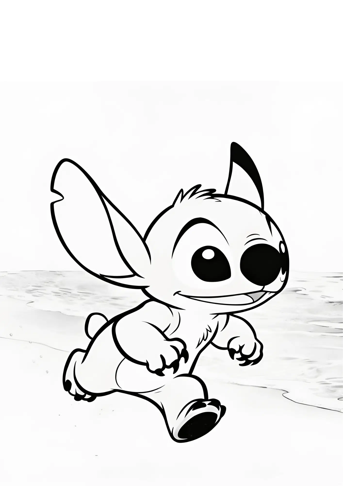 stitch running beach coloring page black white printable ocean scene outline kids activity sheet design Slug: stitch running