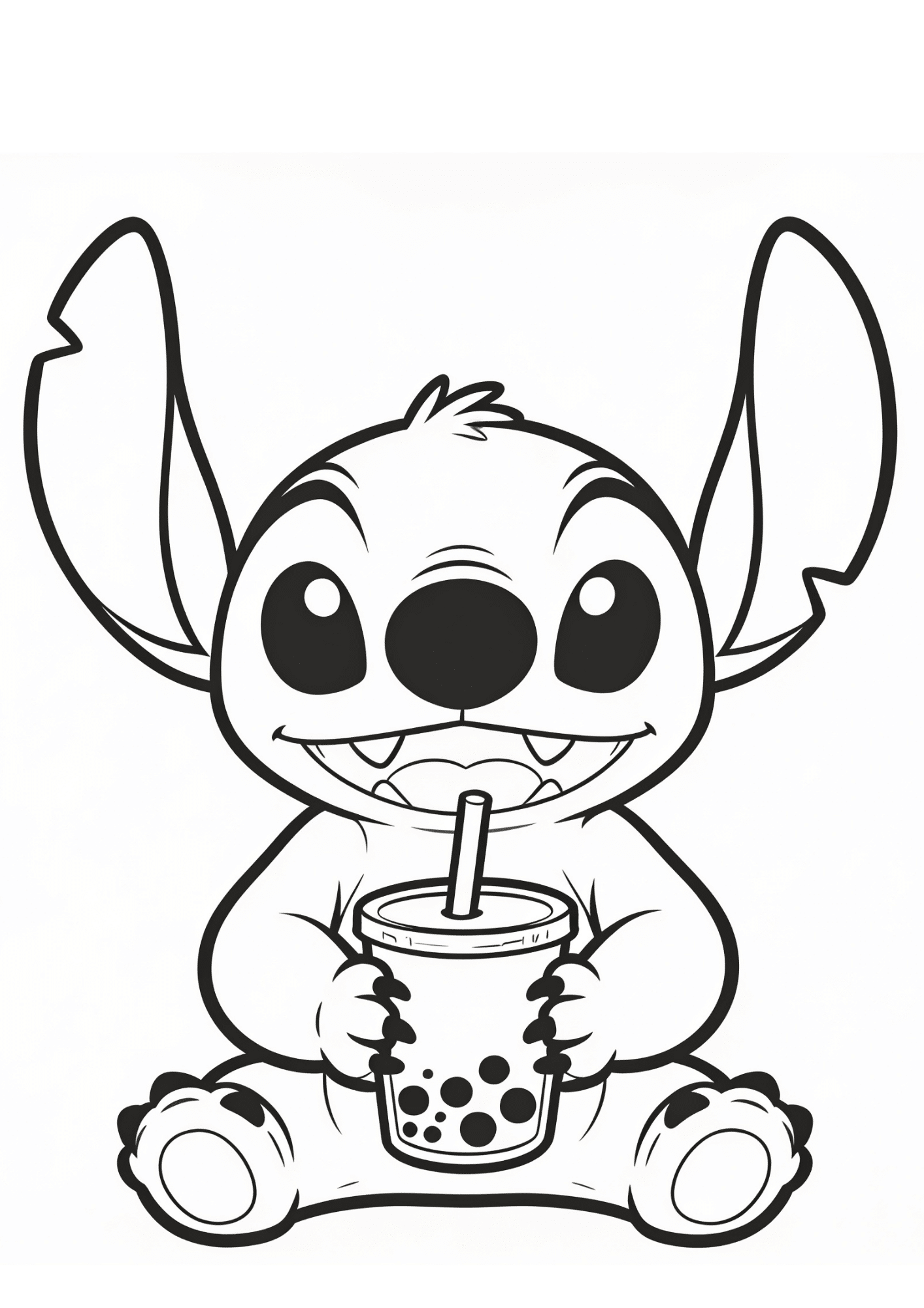 black and white stitch smiling face coloring page with bold outlines simple cute printable design