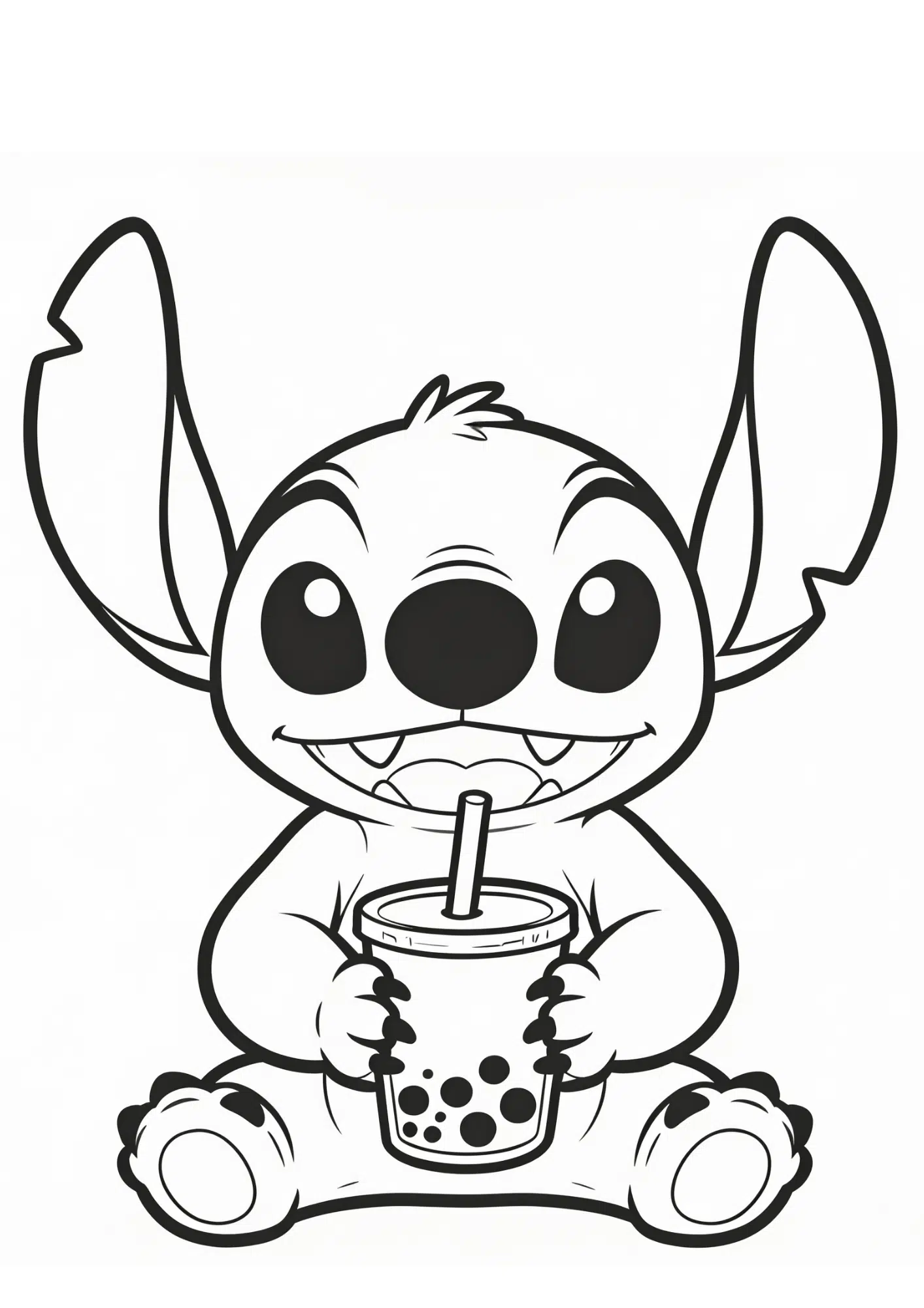black and white stitch smiling face coloring page with bold outlines simple cute printable design