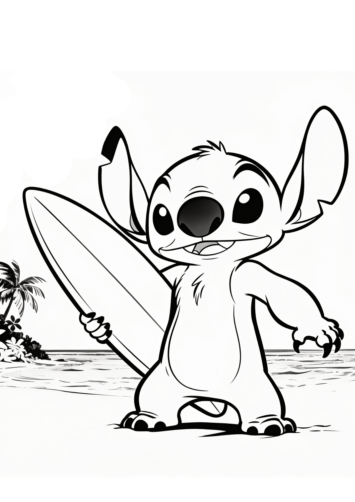 stitch holding surfboard black white coloring page printable tropical beach outline kids activity sheet