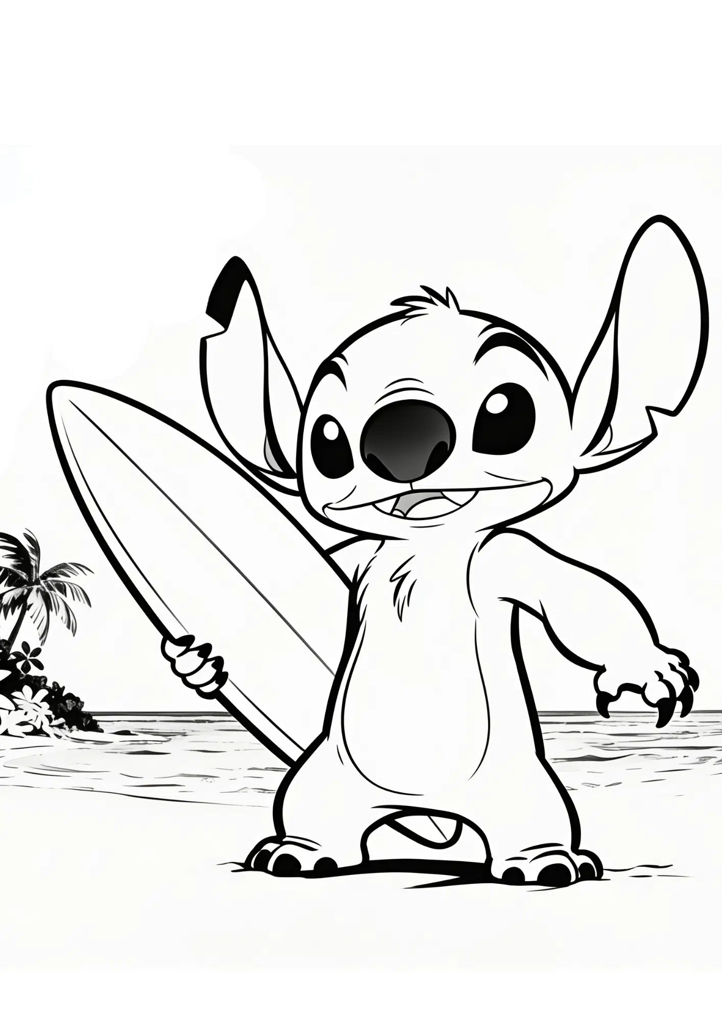 stitch holding surfboard black white coloring page printable tropical beach outline kids activity sheet