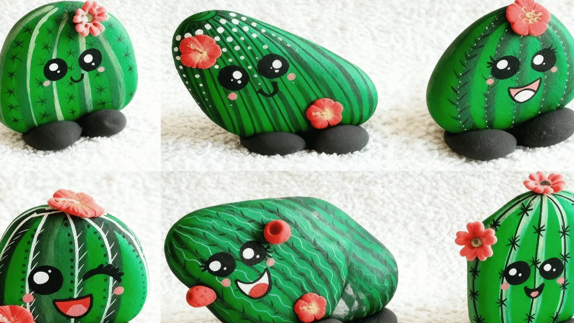 Rocks painted with green succulent designs on a wooden surface.