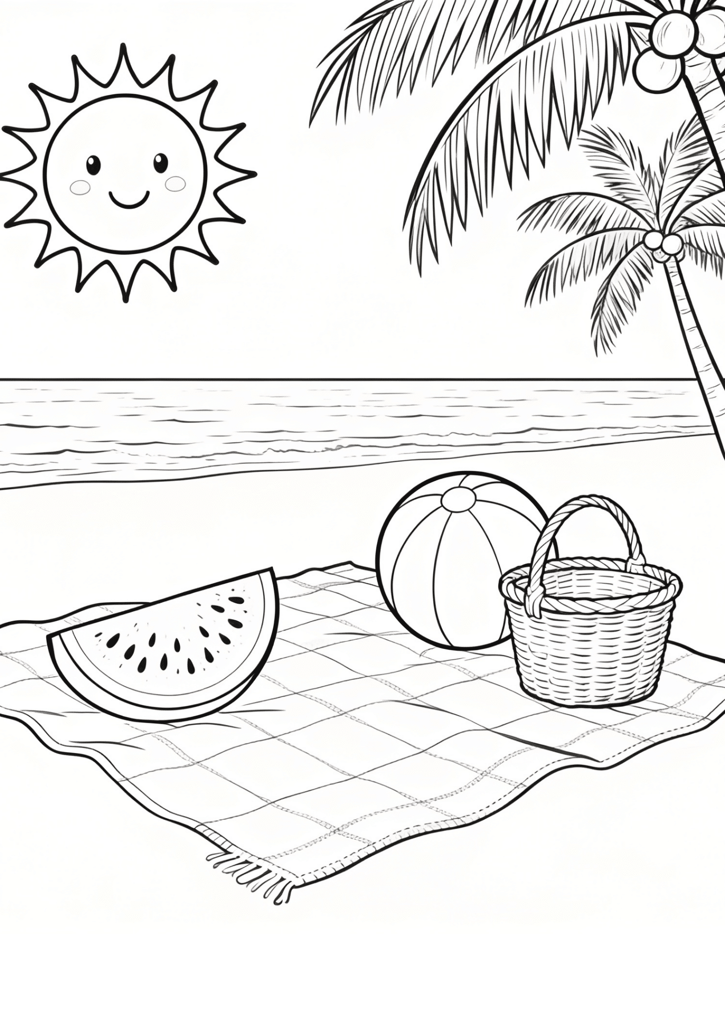 happy summer beach coloring page with sun palm trees picnic basket watermelon and beach ball black outline line art kids