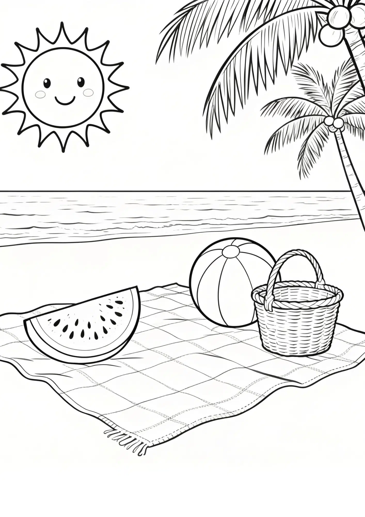 happy summer beach coloring page with sun palm trees picnic basket watermelon and beach ball black outline line art kids