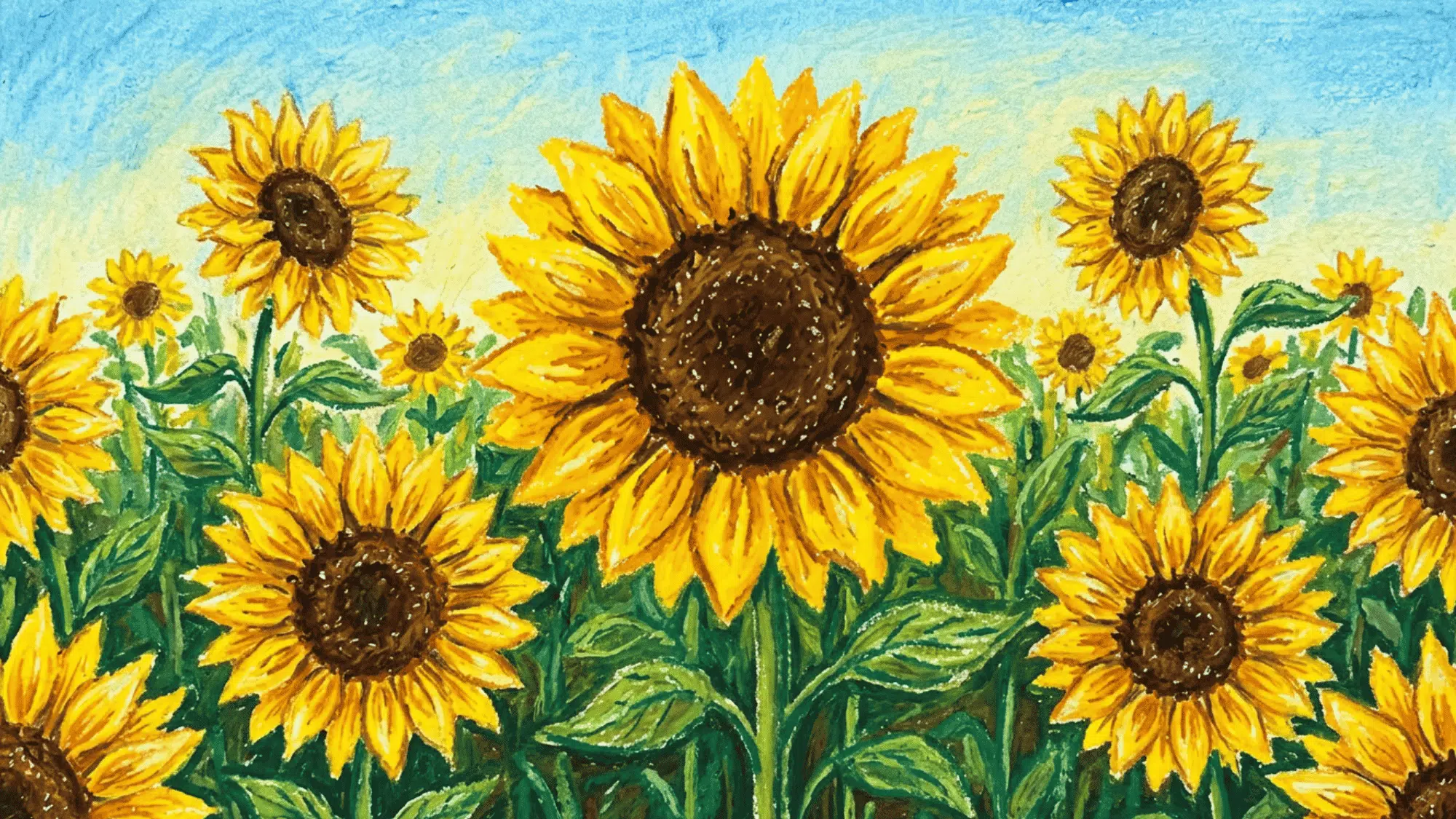 sunflower field painting with bright yellow flowers green leaves and blue sky