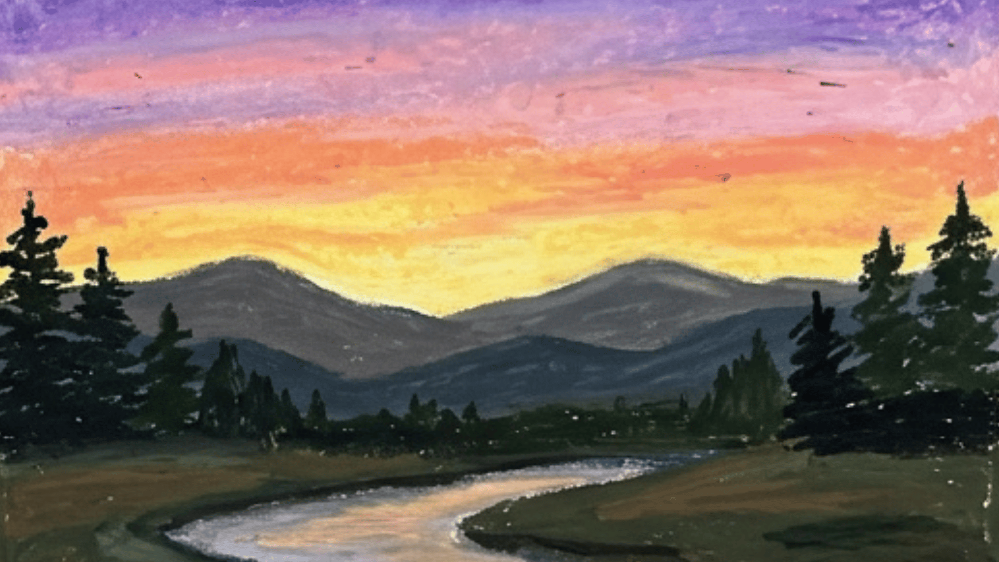 sunset mountain river painting with pine trees soft orange sky and peaceful evening landscape