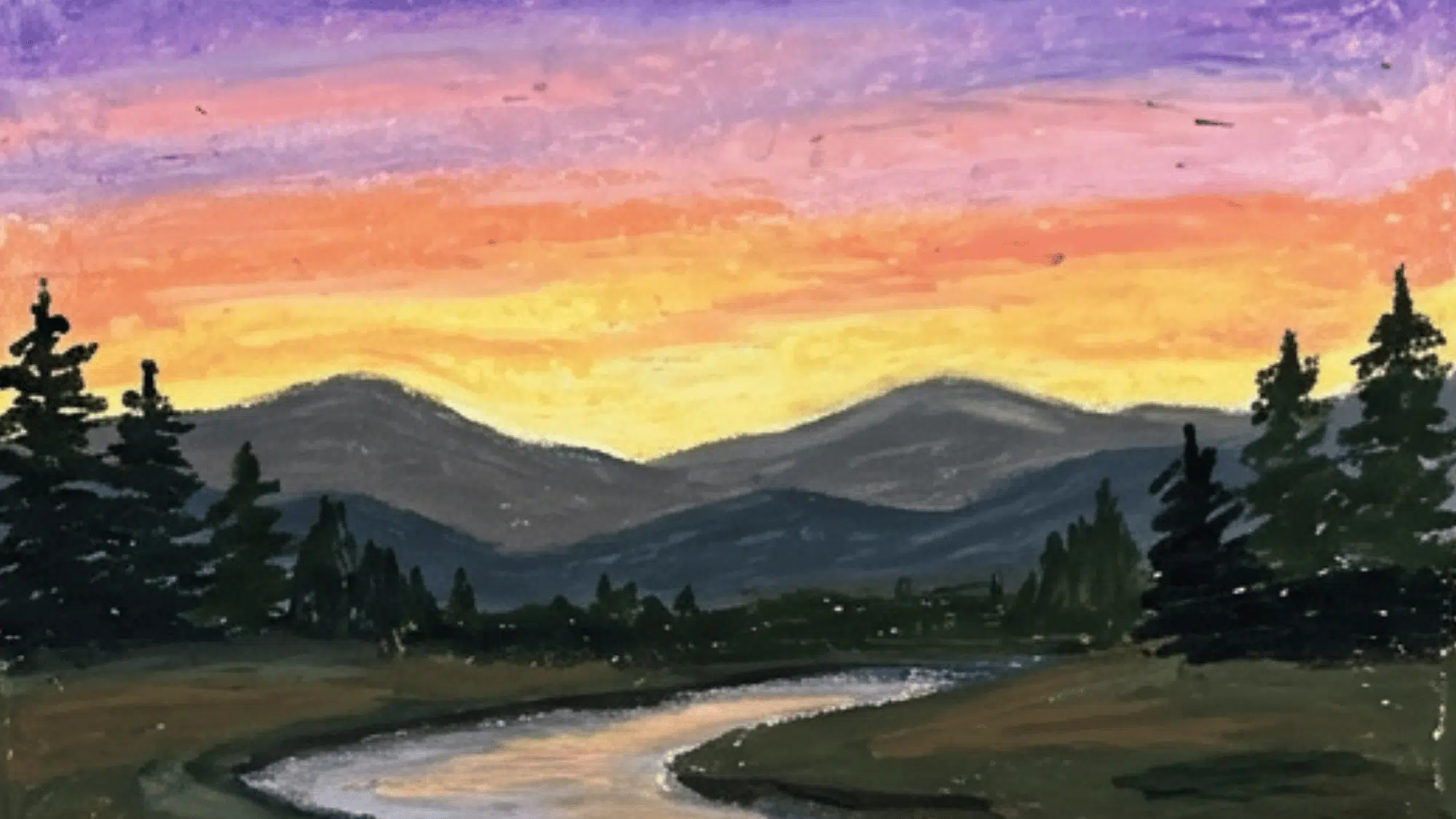 sunset mountain river painting with pine trees soft orange sky and peaceful evening landscape