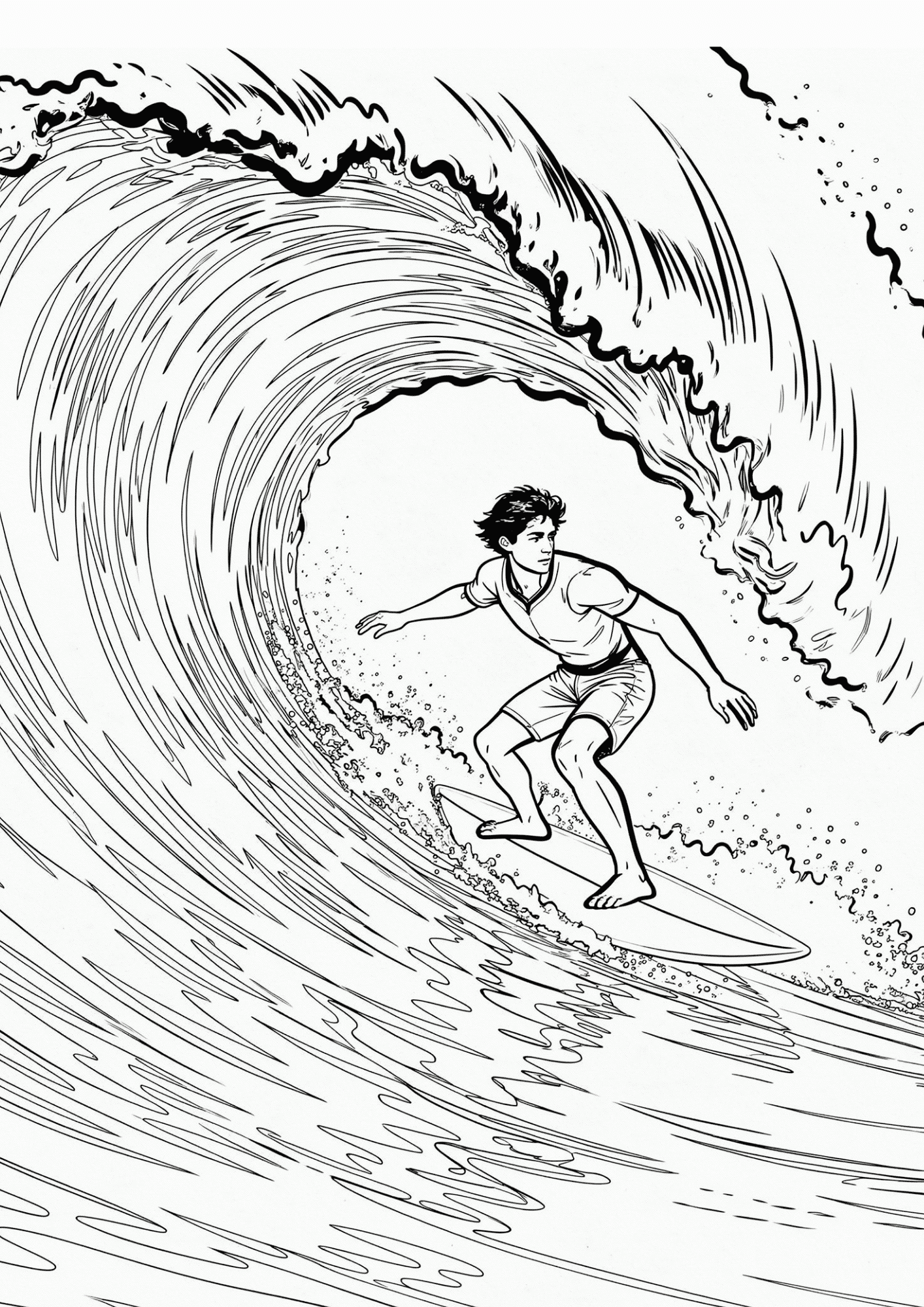 surfer riding big ocean wave black outline coloring page action surfing scene for kids