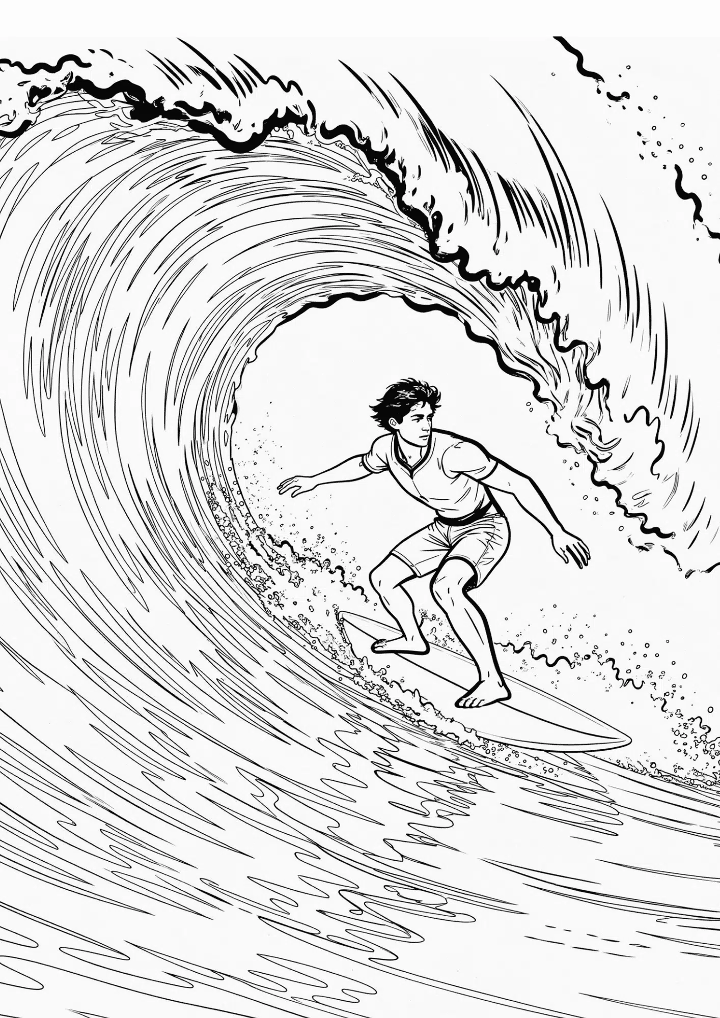 surfer riding big ocean wave black outline coloring page action surfing scene for kids
