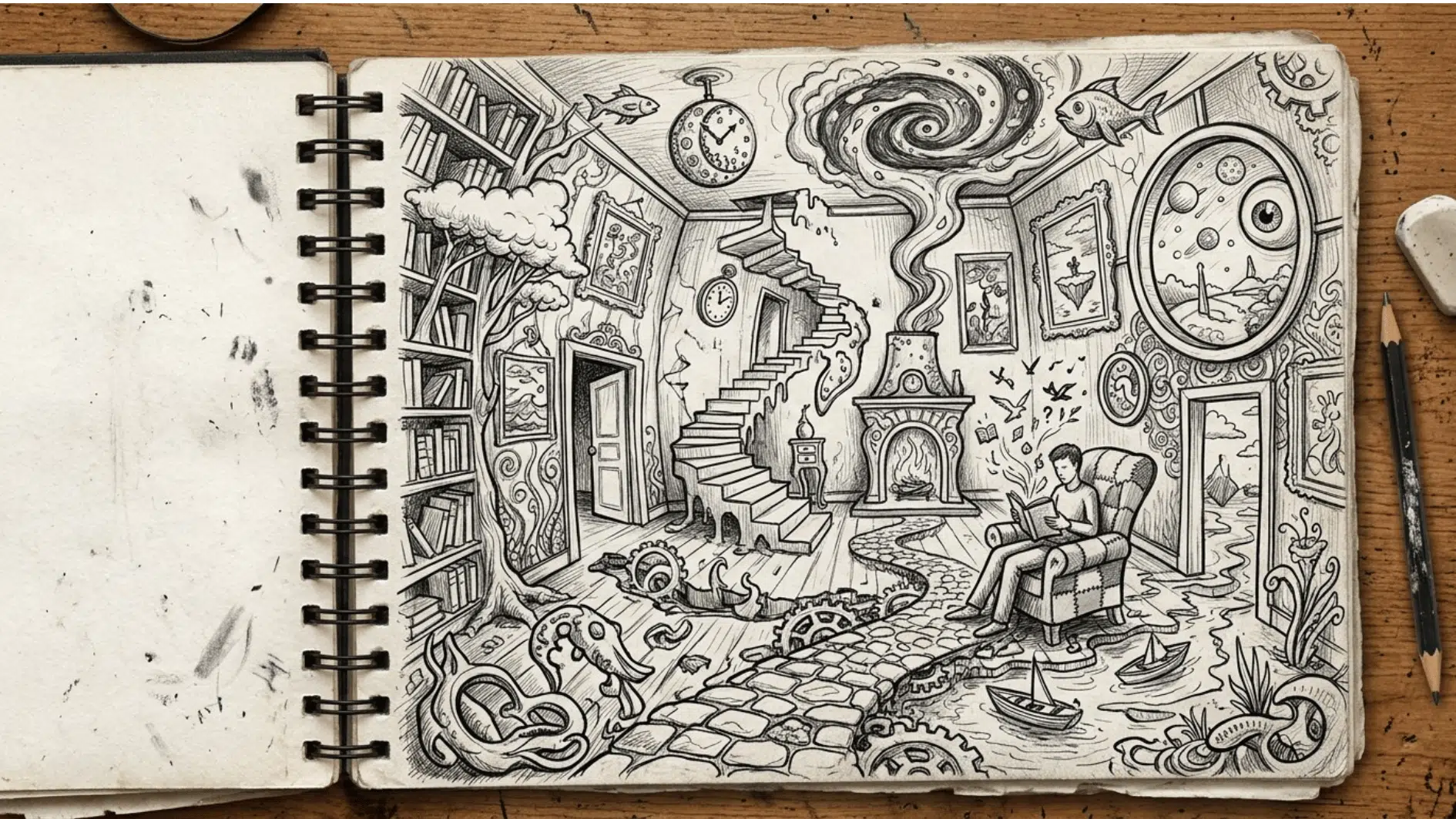 a surreal room drawing with pencil in a sketchfile