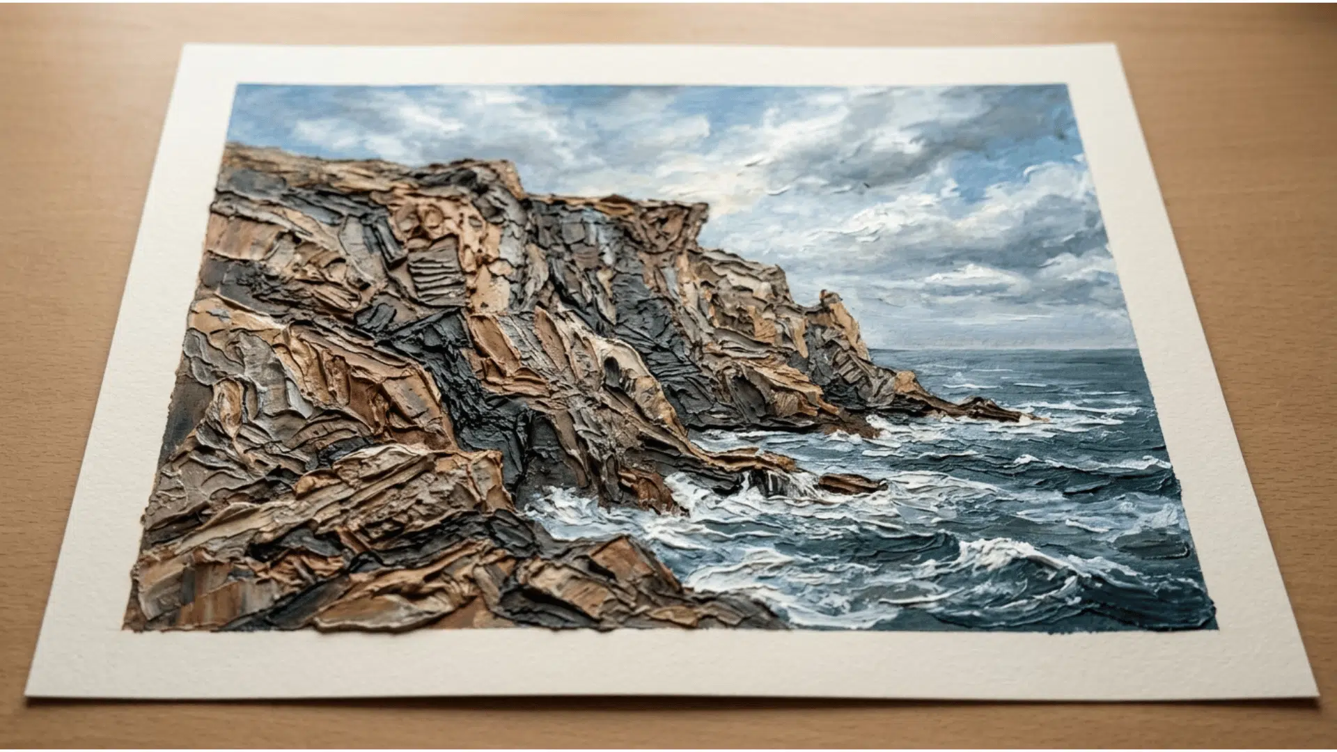 texture paste acrylic painting showing dimensional rocky cliffside details