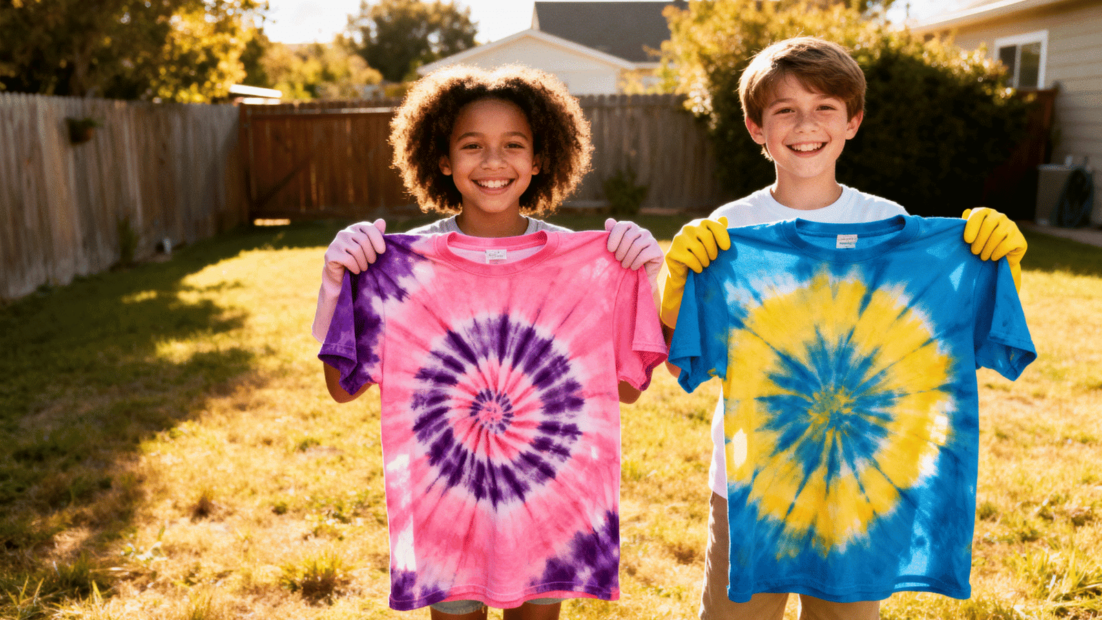kids holding colorful tie-dye t-shirts made at home, a fun arts and crafts activity for kids ages 6 to 12