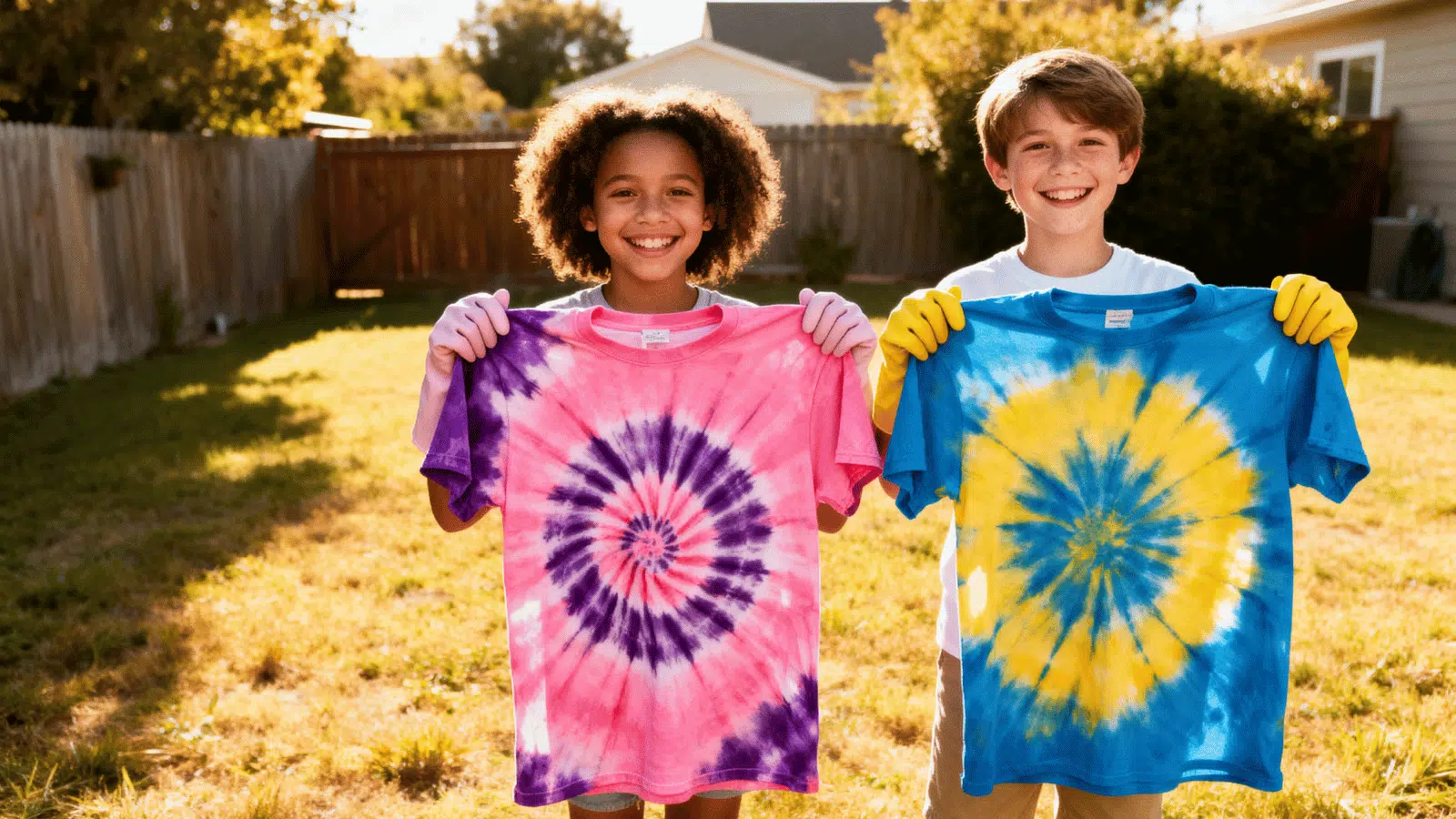 kids holding colorful tie-dye t-shirts made at home, a fun arts and crafts activity for kids ages 6 to 12