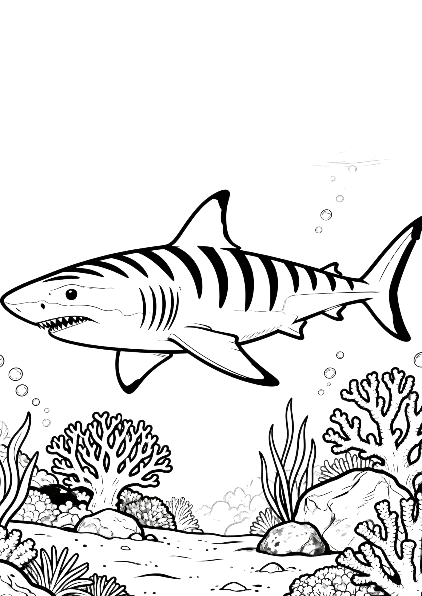 tiger shark coloring page with striped shark swimming above a coral reef outline drawing