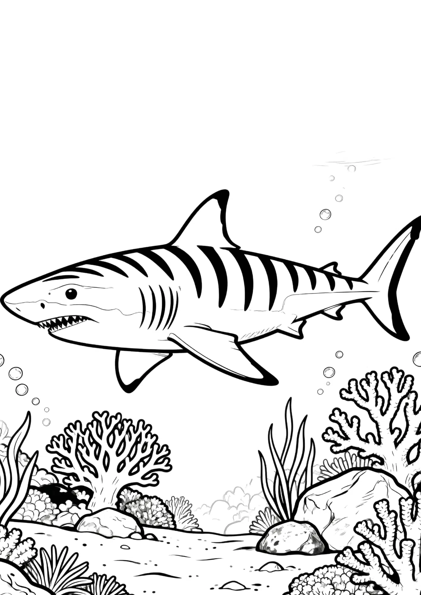 tiger shark coloring page with striped shark swimming above a coral reef outline drawing