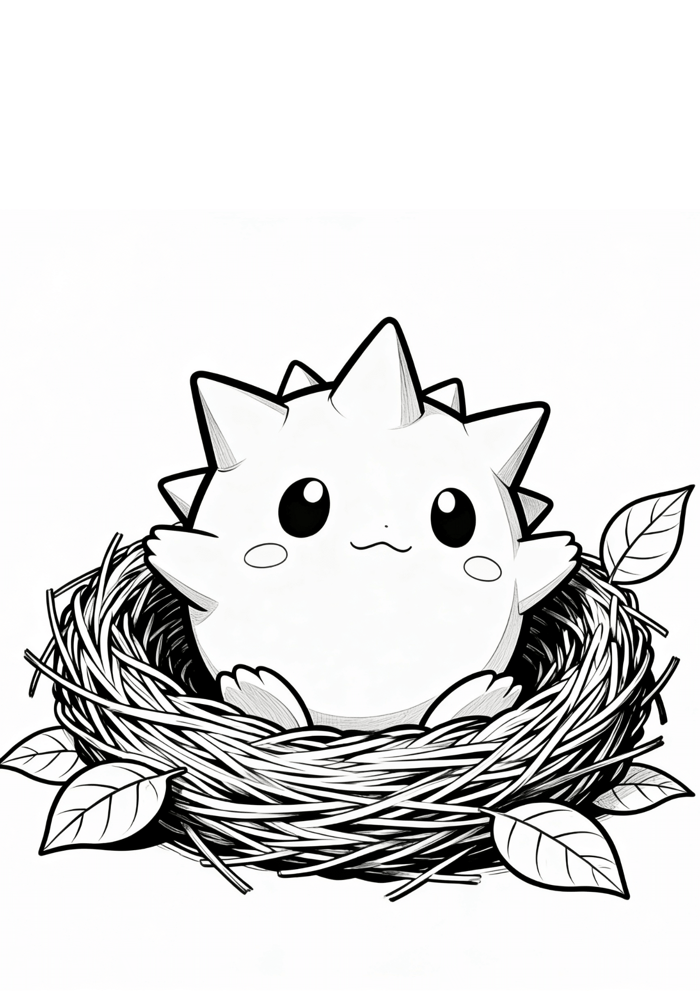 togepi coloring page printable black outline sitting in nest with leaves cute pokemon kids coloring sheet clean line art