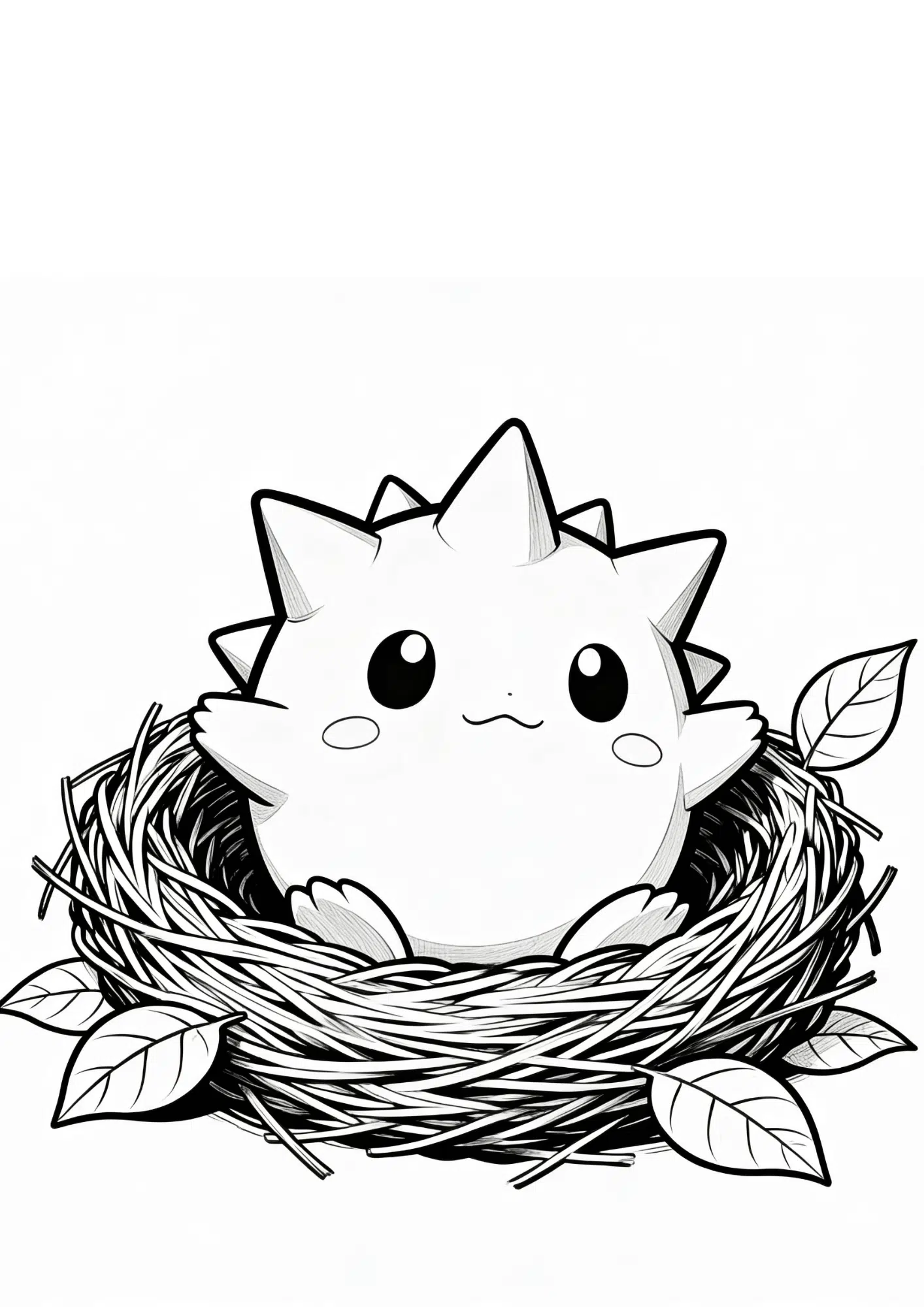 togepi coloring page printable black outline sitting in nest with leaves cute pokemon kids coloring sheet clean line art