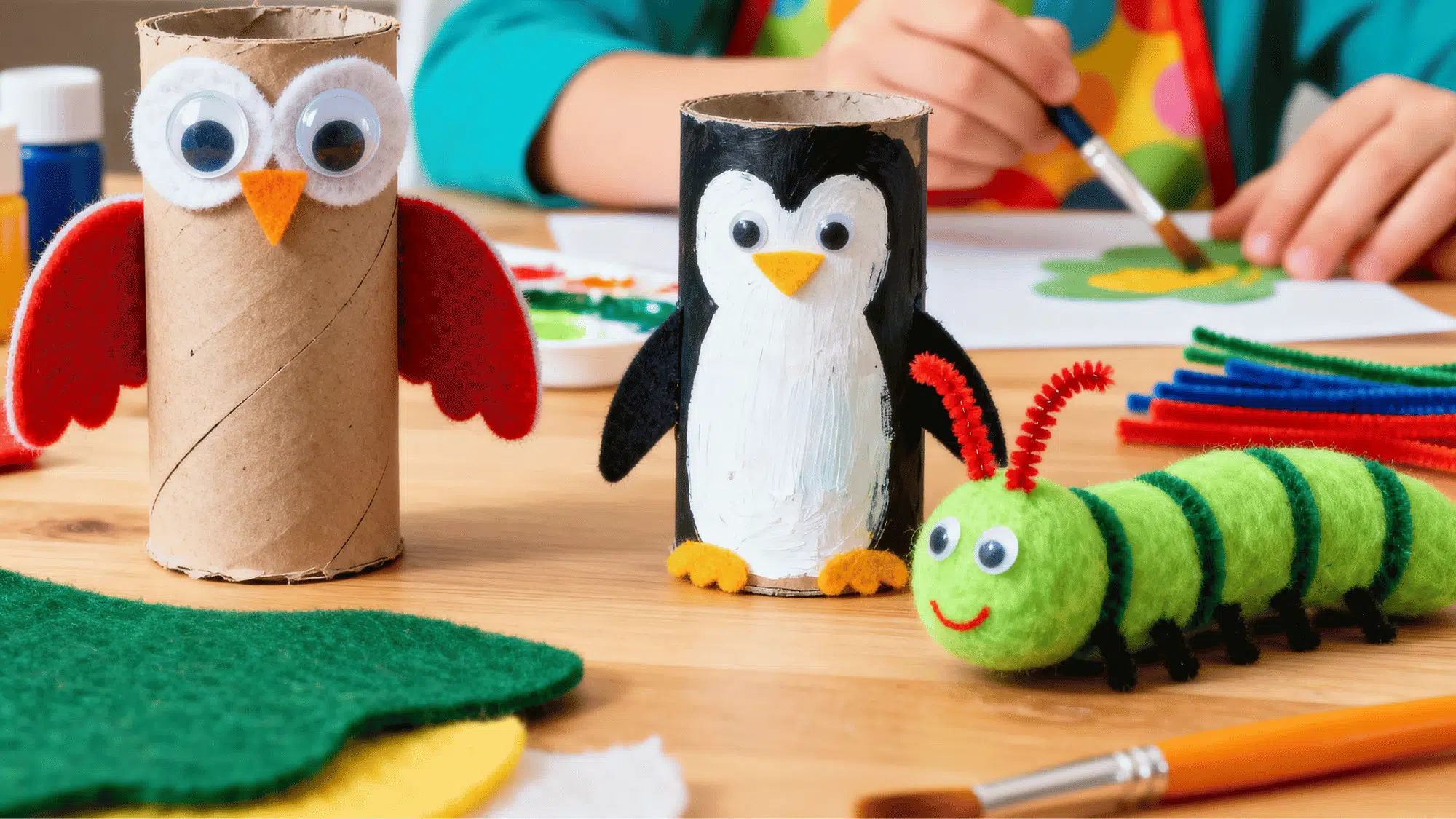 Colorful toilet roll animals decorated with felt, googly eyes, and pipe cleaners