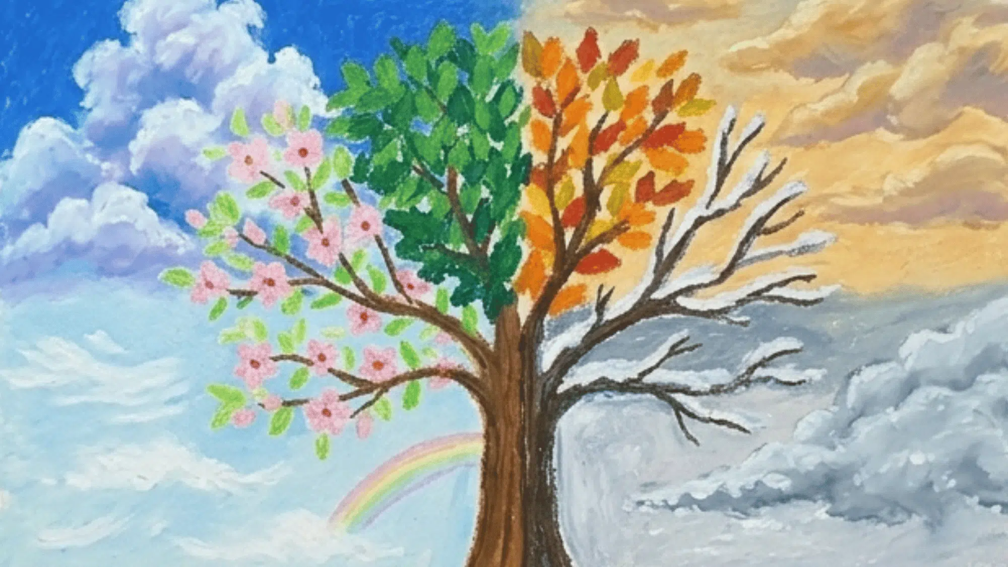 four seasons tree painting with spring flowers autumn leaves winter snow and rainbow sky