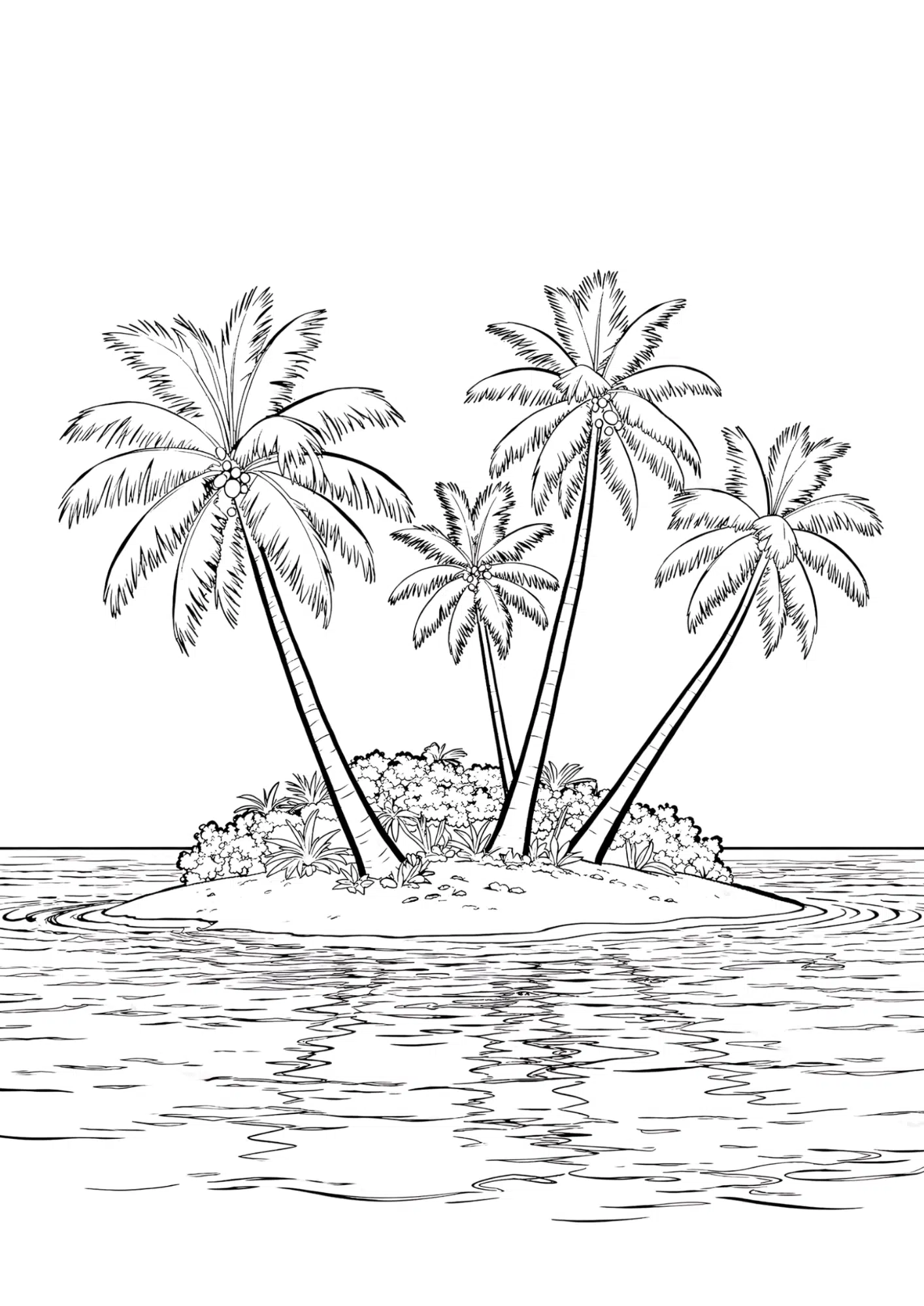 tropical island coconut trees black outline coloring page exotic beach scene for kids