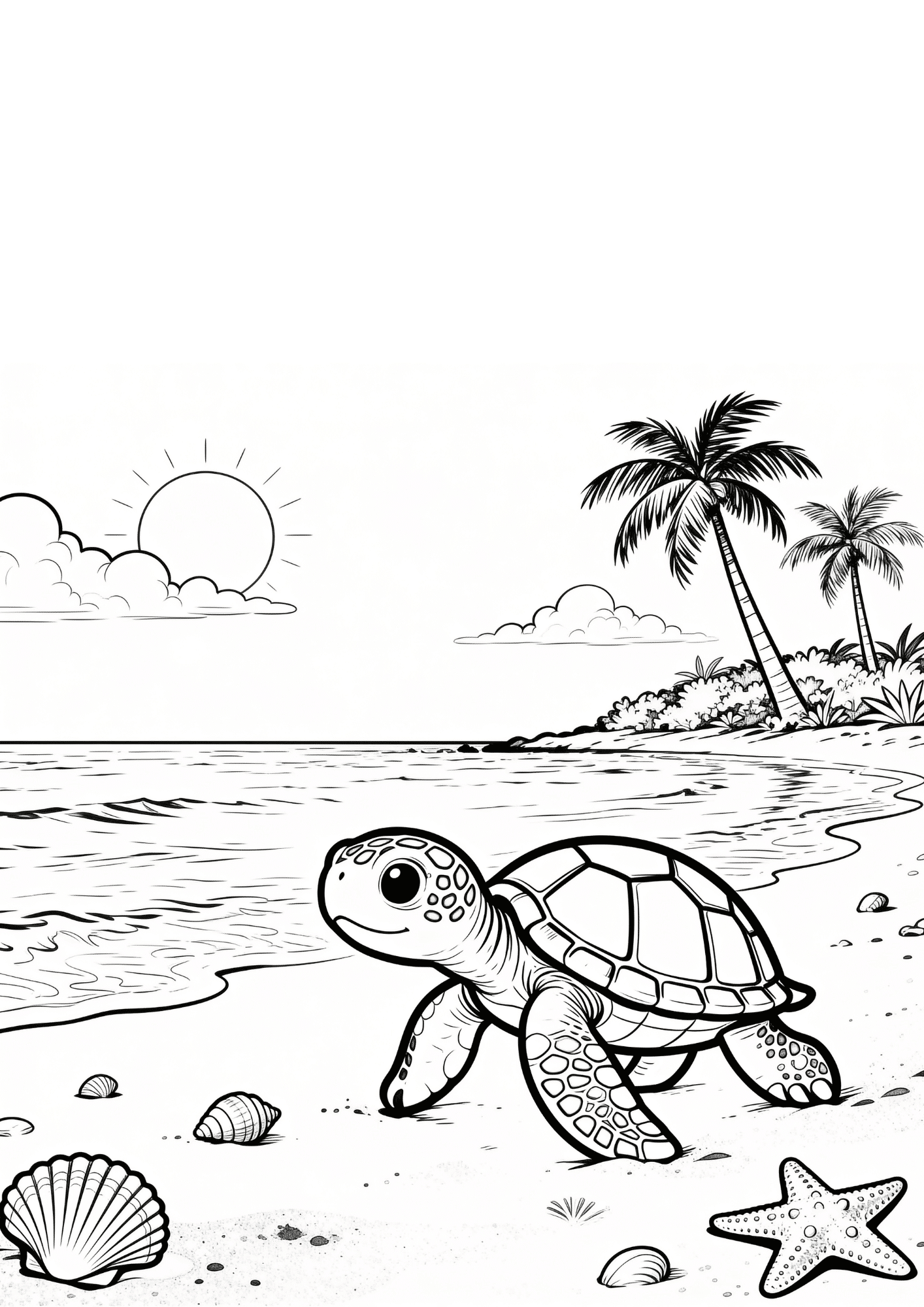 baby turtle walking toward ocean black outline coloring page cute beach animal scene for kids