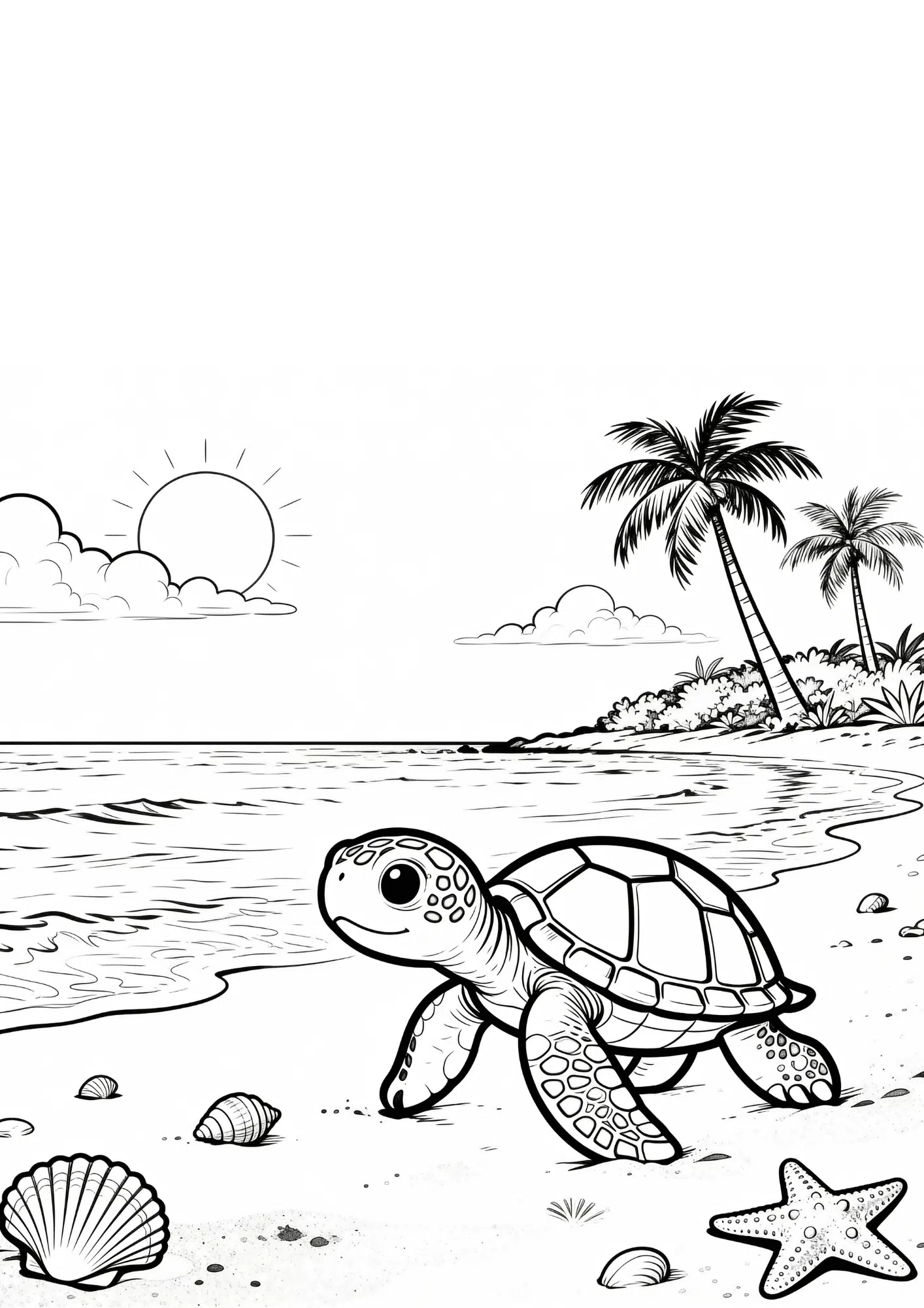 baby turtle walking toward ocean black outline coloring page cute beach animal scene for kids