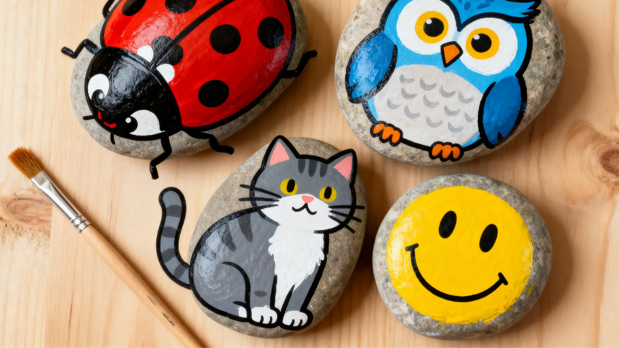 Animal face painted rocks including ladybug owl and cat