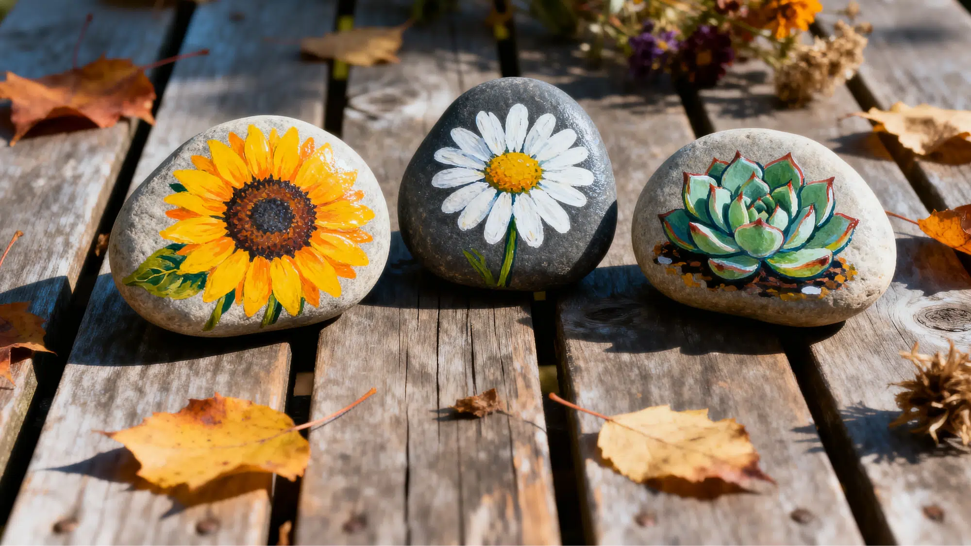 Sunflower daisy and succulent painted rocks on wood