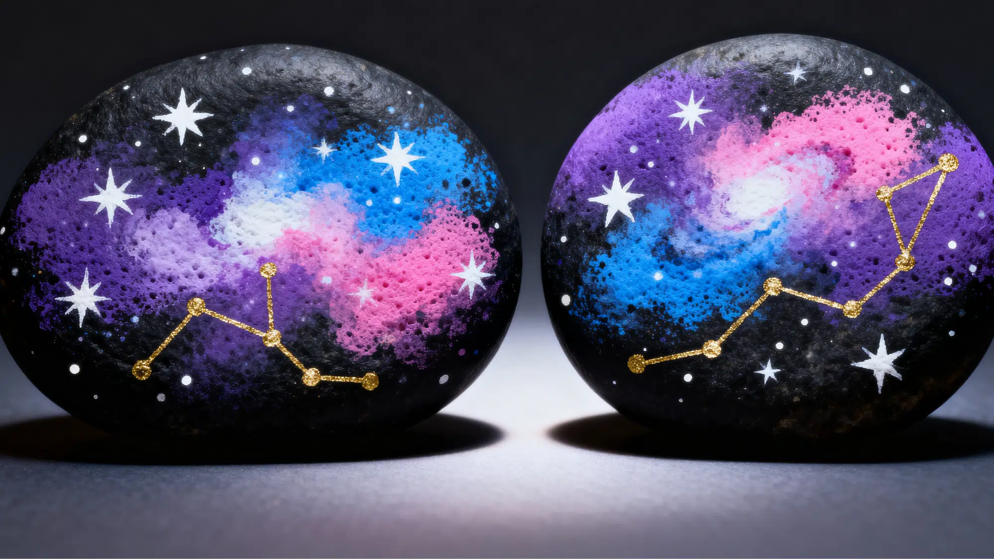 Galaxy painted rocks with purple blue nebula and gold stars