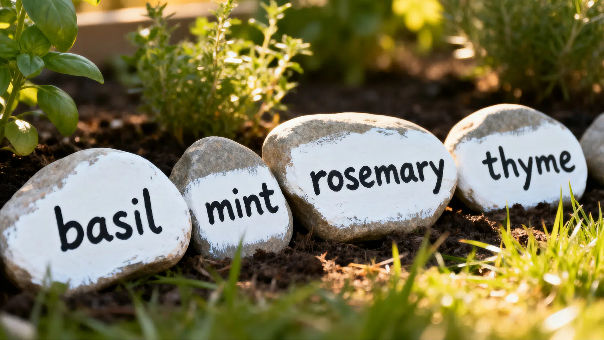 Hand-lettered herb name rocks used as garden markers
