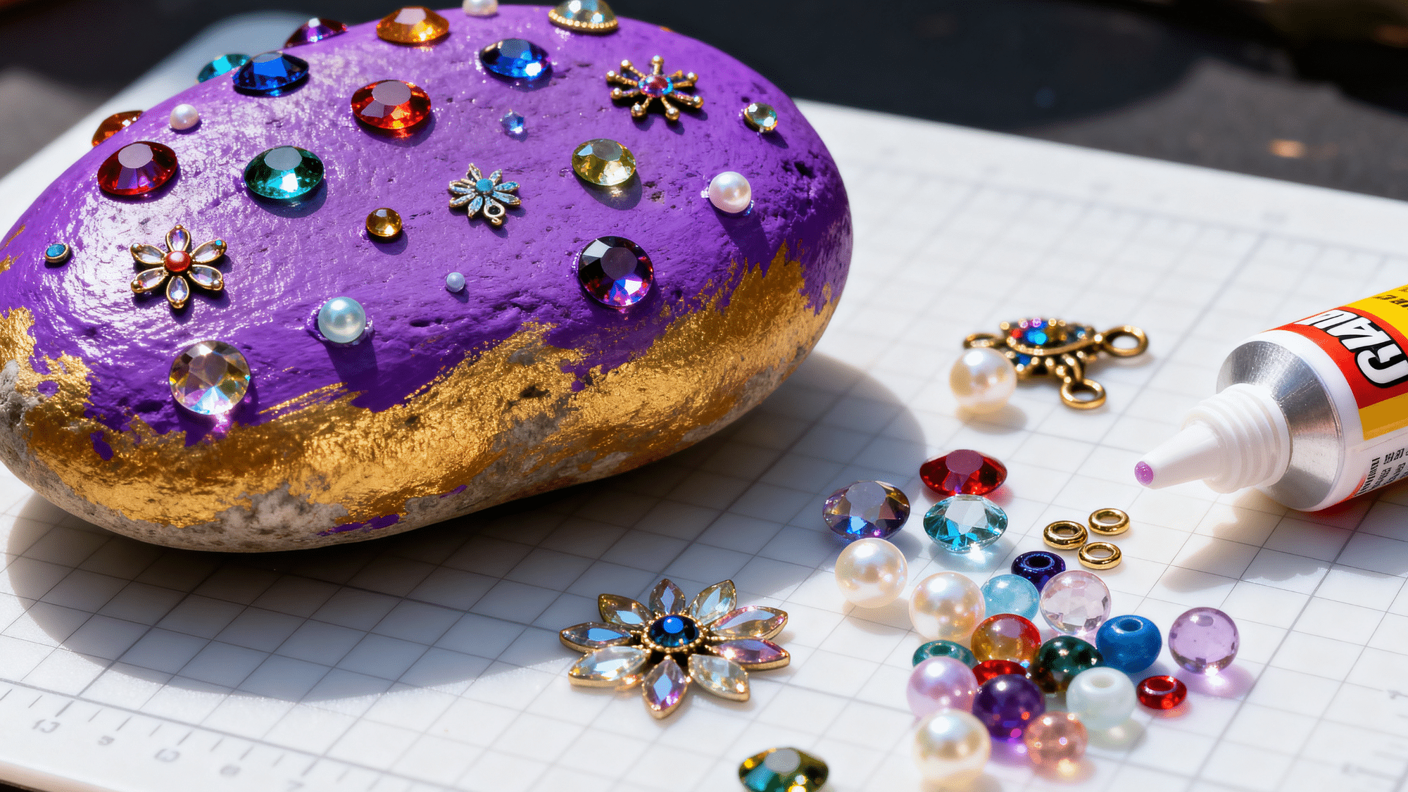 Painted rock decorated with colorful gems and beads for dimension