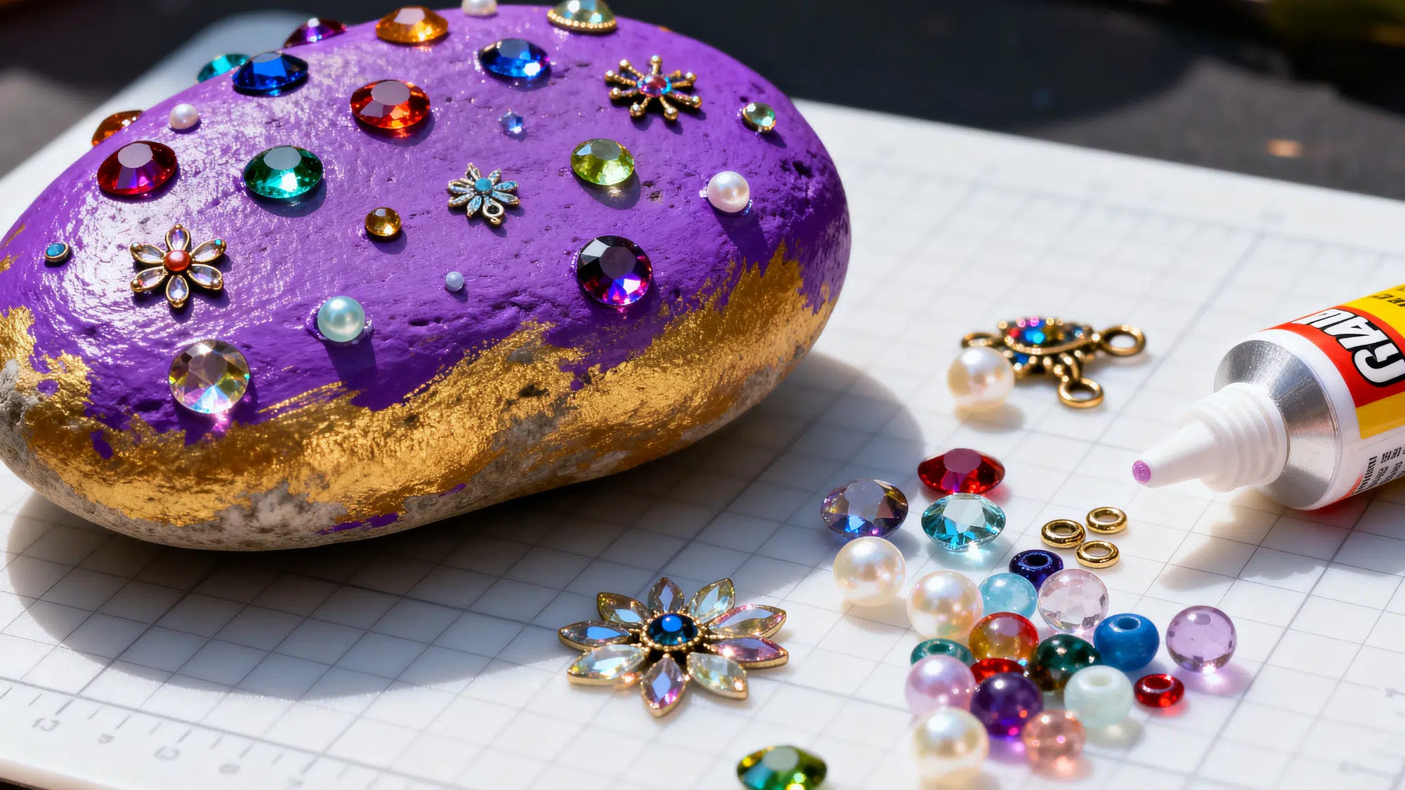Painted rock decorated with colorful gems and beads for dimension