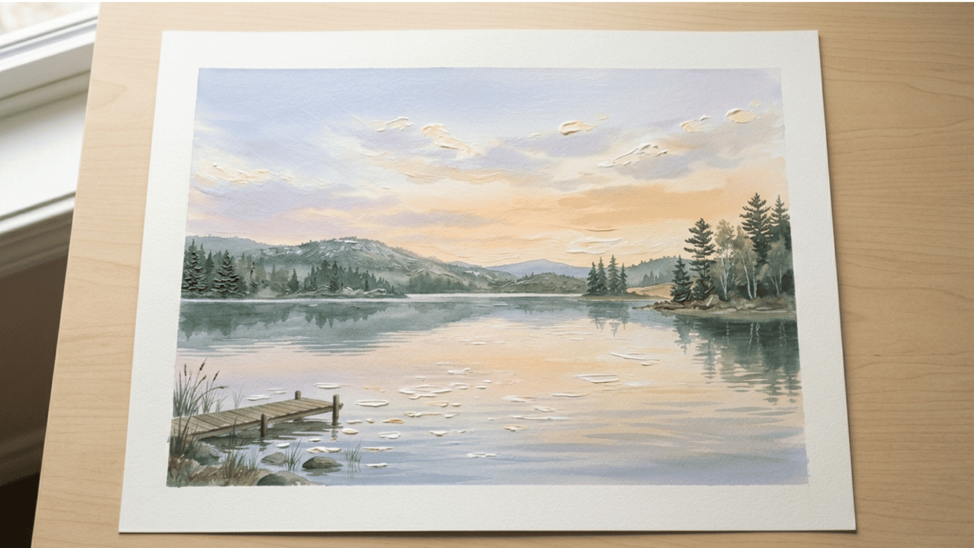 acrylic wash painting featuring soft transparent layers in a lakeside landscape