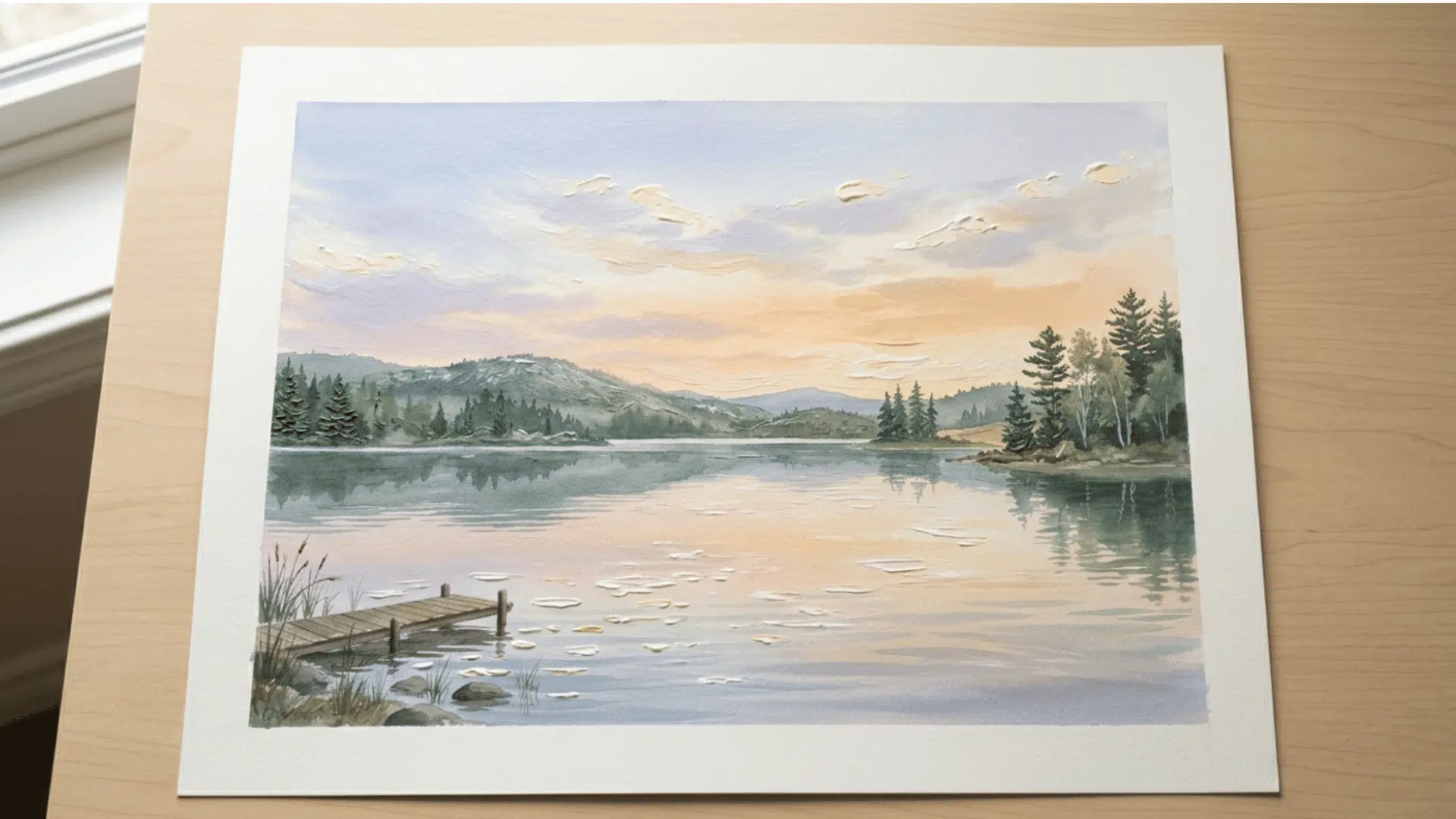 acrylic wash painting featuring soft transparent layers in a lakeside landscape