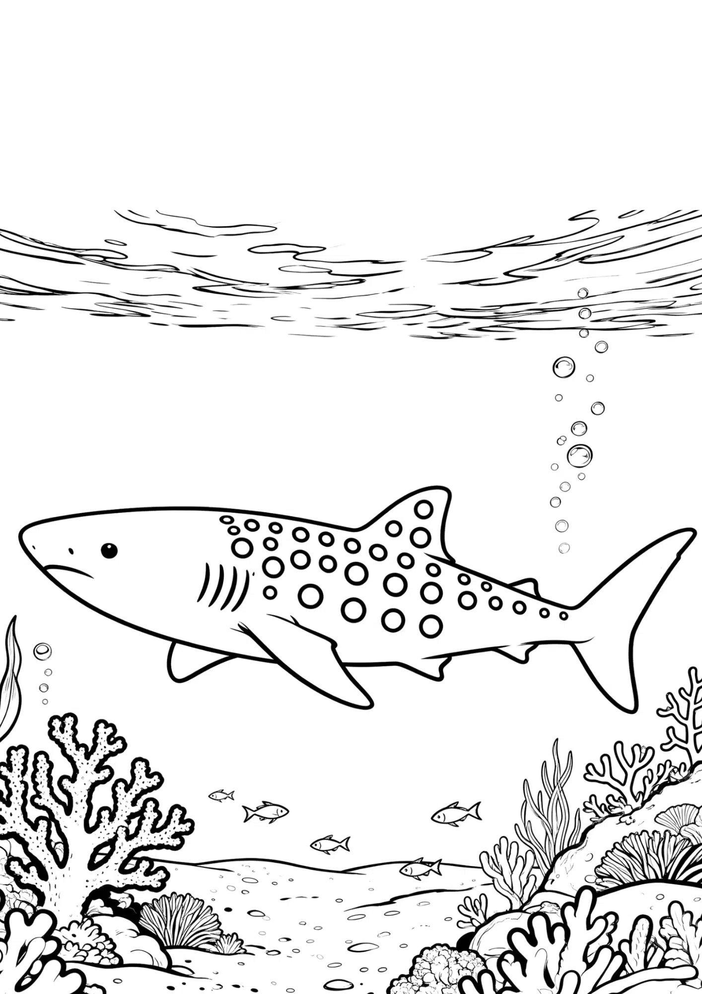 whale shark coloring page with white spot patterns and ocean background outline illustration