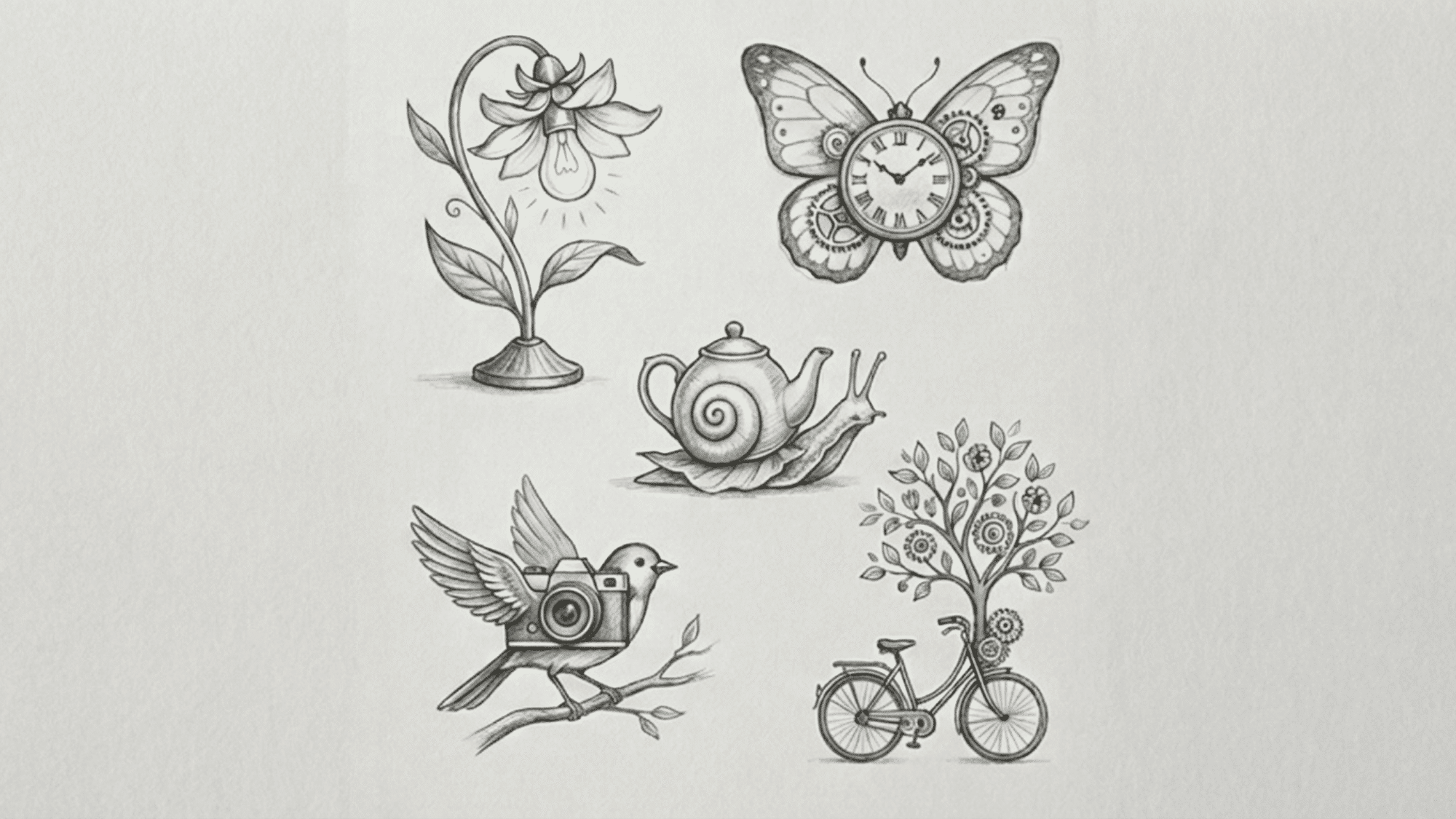 whimsical-pencil-drawings-of-butterfly-clock-flower-lamp-camera-bird-bicycle-tree-and-teapot-snail-on-white-paper