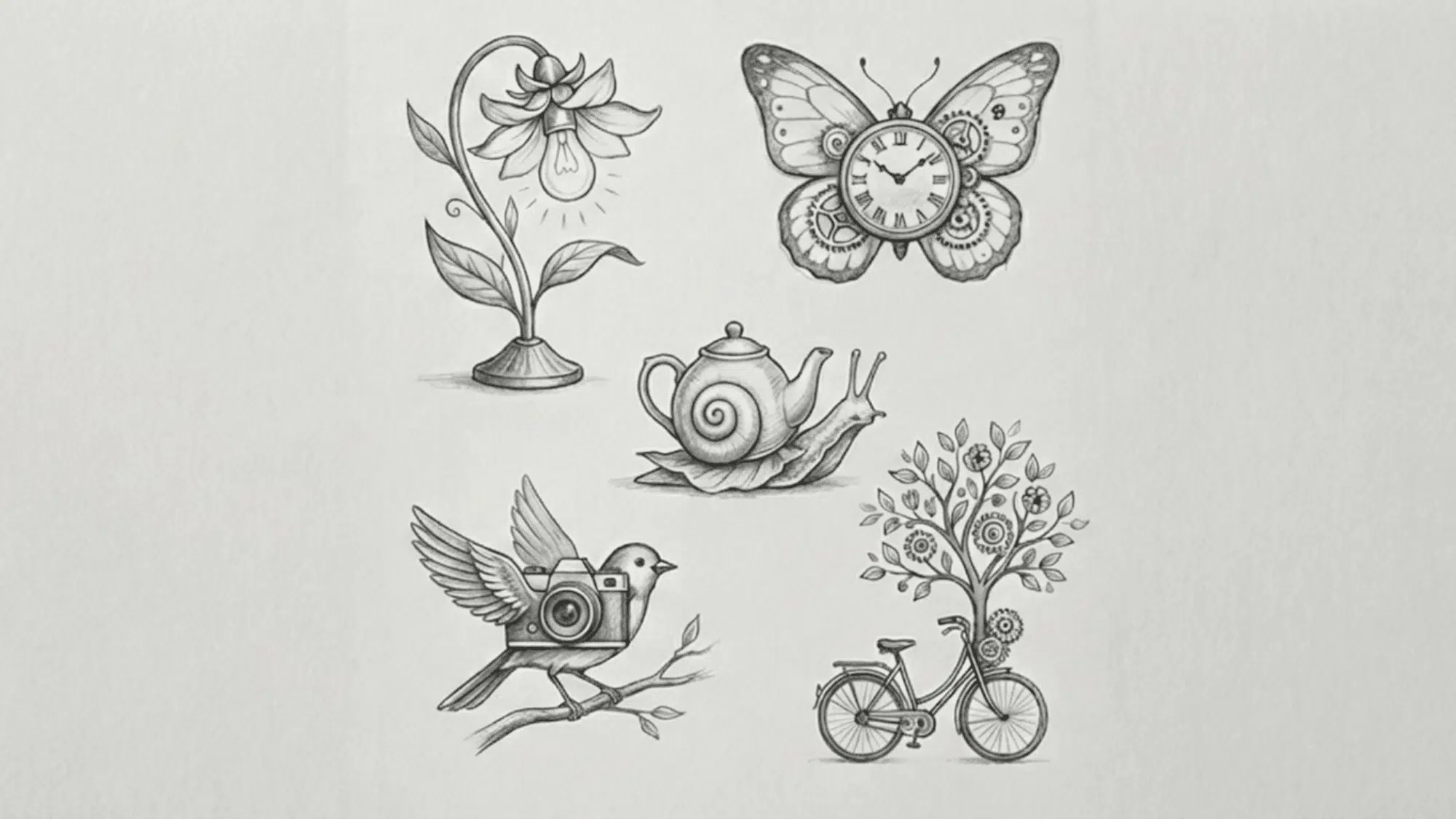 whimsical-pencil-drawings-of-butterfly-clock-flower-lamp-camera-bird-bicycle-tree-and-teapot-snail-on-white-paper