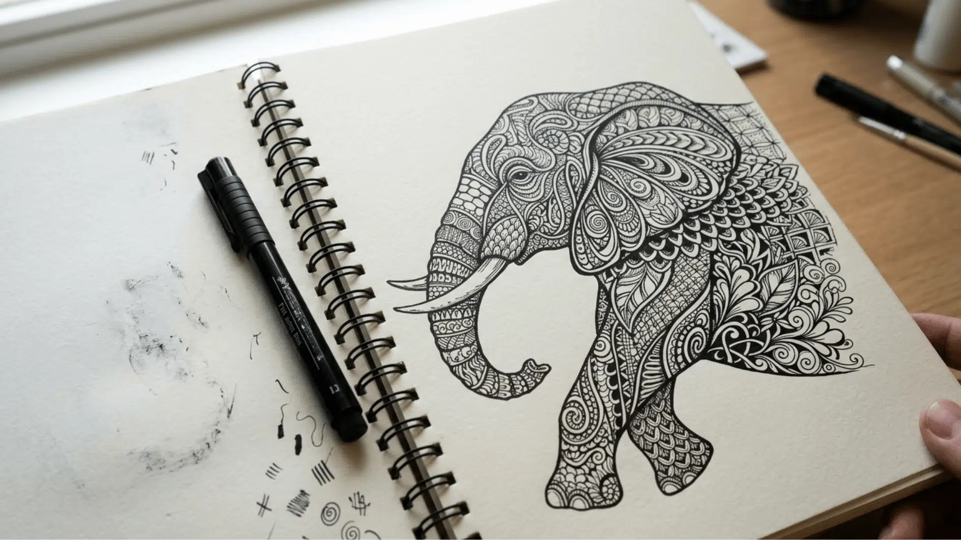 a zentangle elephant art made with black pen in a sketchfile