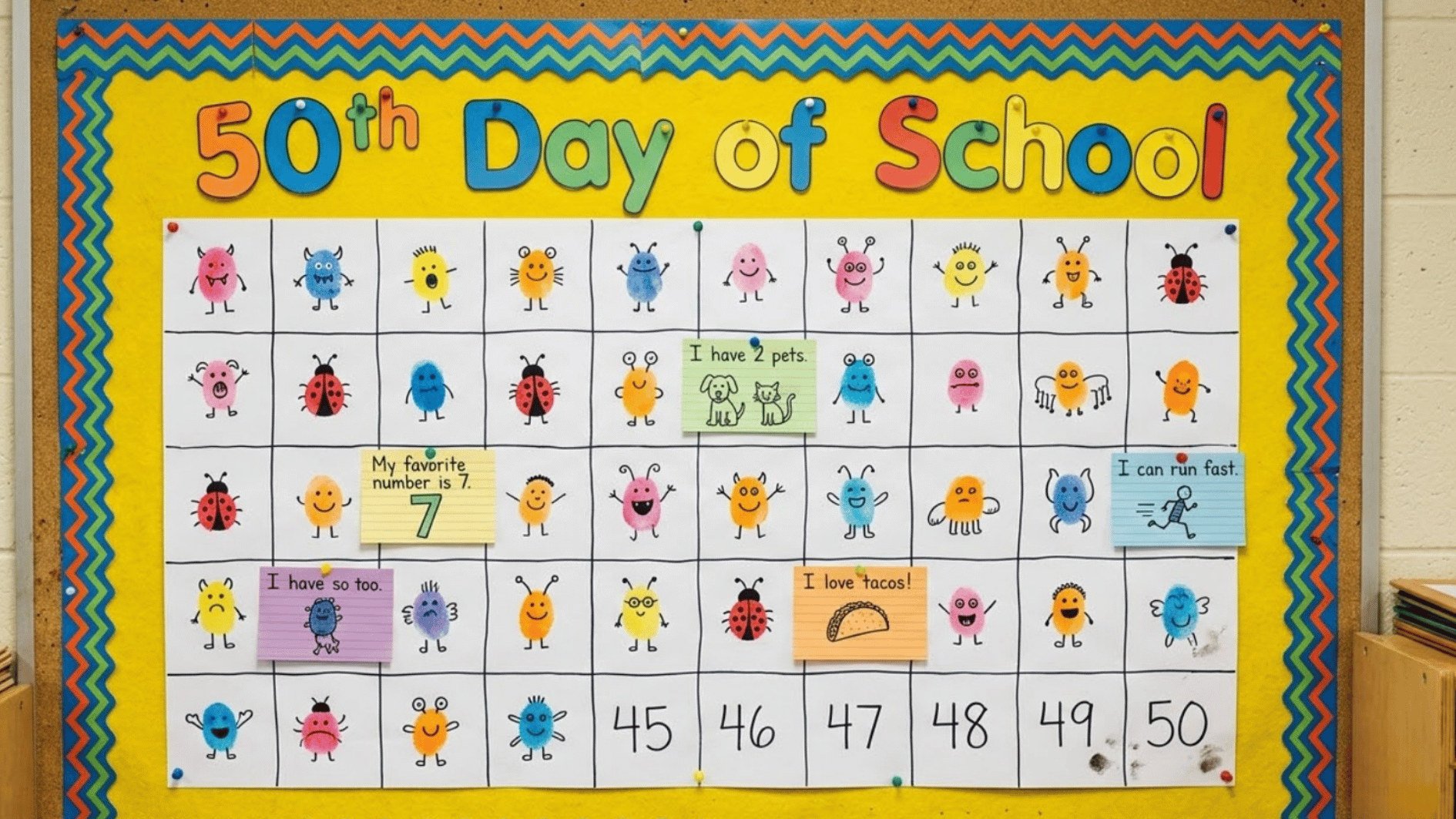 50th day of school bulletin board with numbered squares, colorful characters, and student facts
